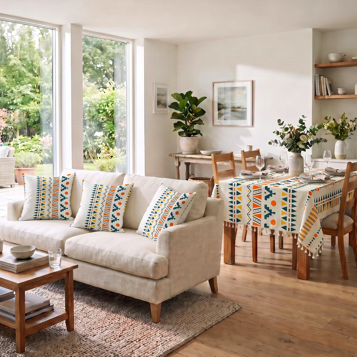 Table Cover + 5 Cushion Cover Combo Set - Ikat Orange