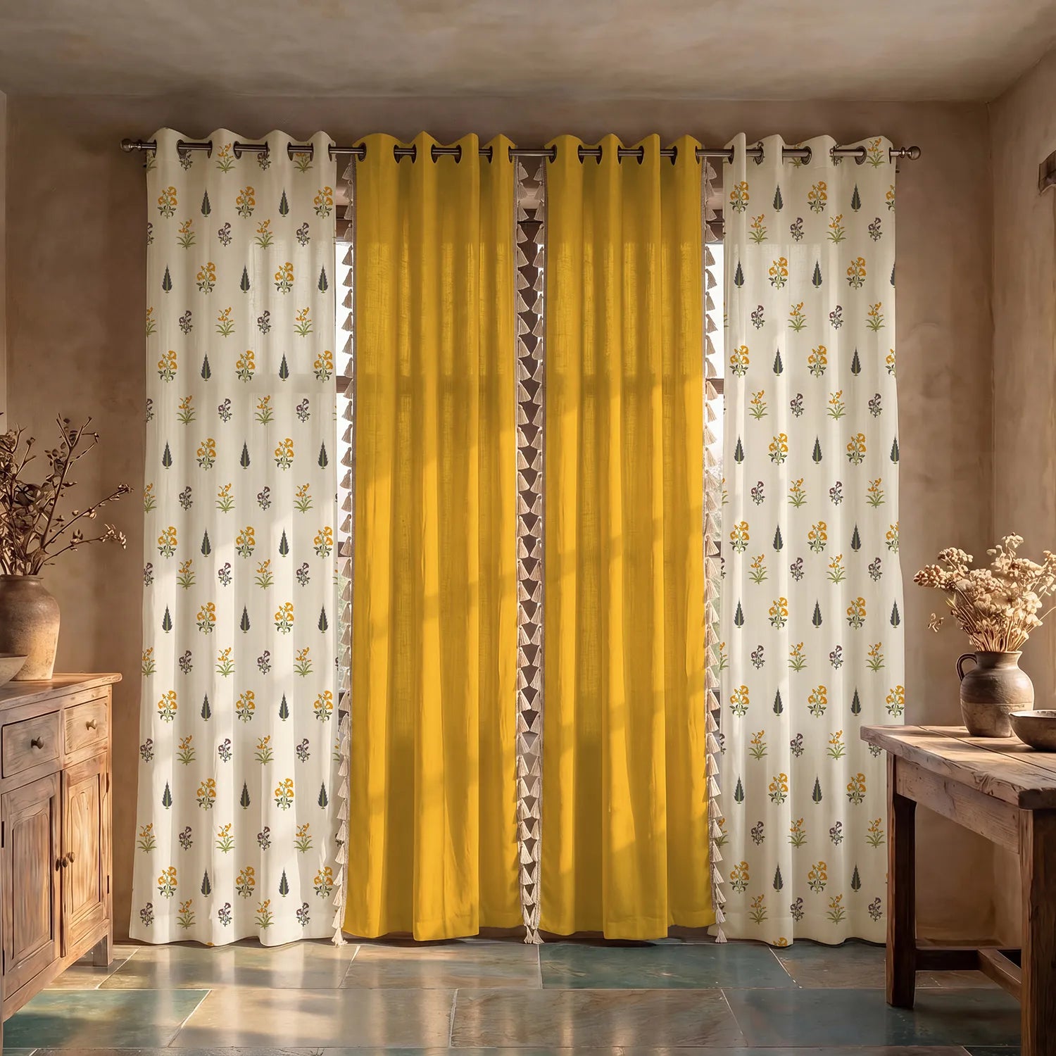 Cotton Curtains Combo, Set of 4 curtains, 60-65% Room Darkening Curtain - High Garden Yellow & Aura Yellow