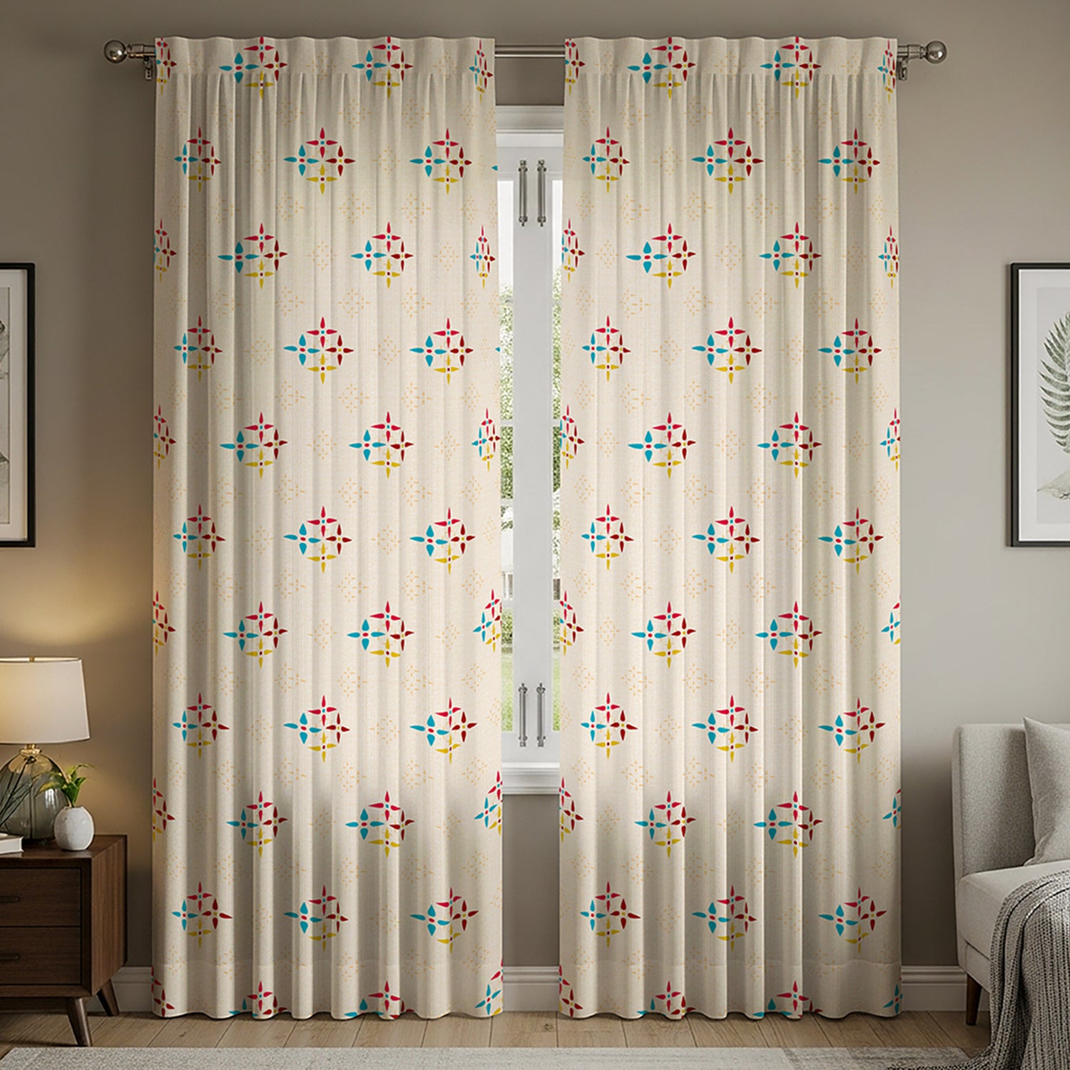 100% Cotton Curtains for Living Room with Rod Pocket, Bedroom curtains - Pack of 2 curtains, Mosaic Red & Blue