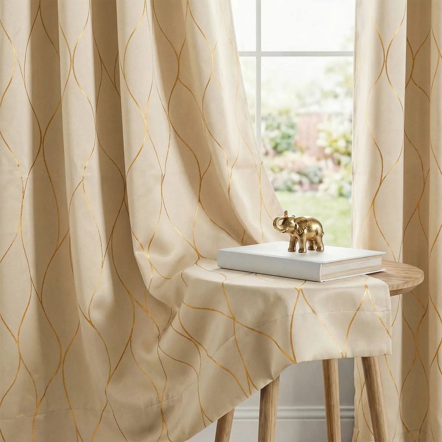 Buy Gold Foil Printed Blackout Curtain - Wave Design Beige 7 ft x 4 ft (Standard Size) / Stainless Steel Eyelets (Default)