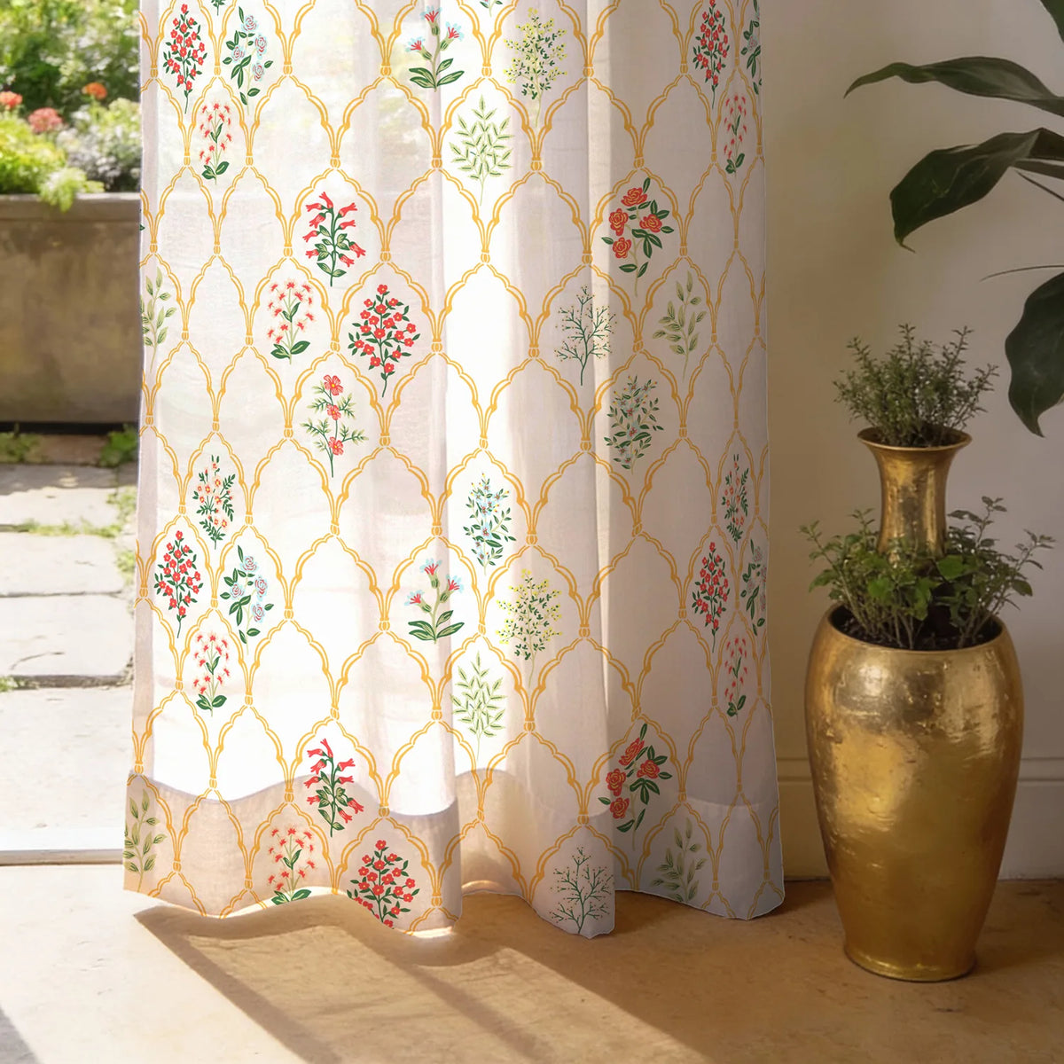 Printed Sheer Linen Curtains, Light Filtering, Pack of 2 Curtains - Floral symphony