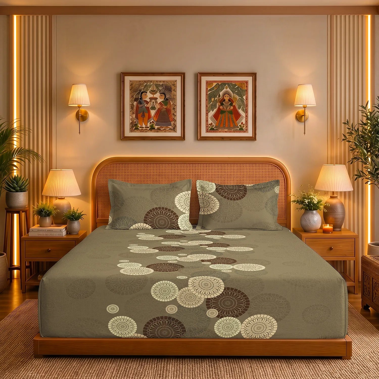 Serene 200 TC 100% Cotton Bedsheet with Pillow Covers - Moonstone Moss Brown