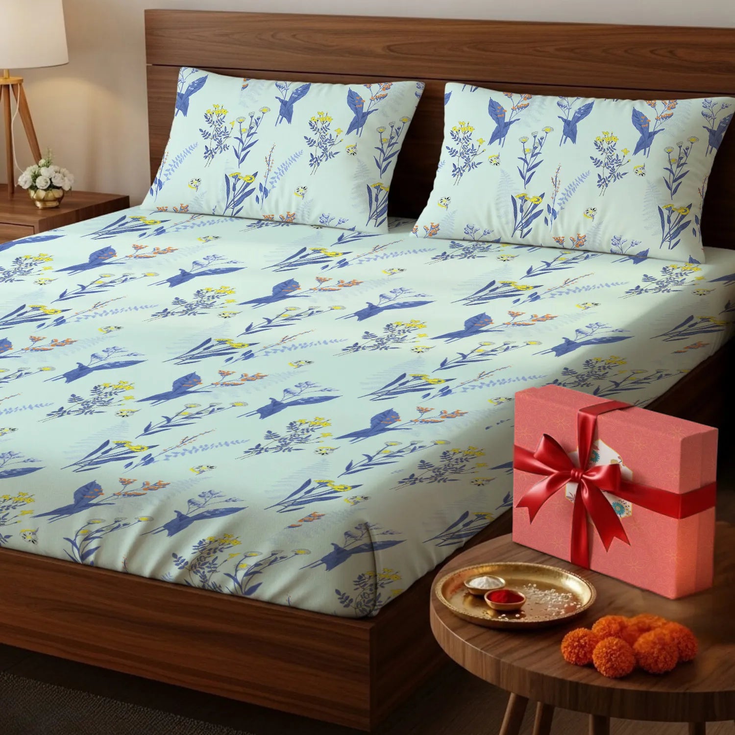 200 TC 100% Cotton Bedsheet Set in Gift Box - Whisper Mint Blue