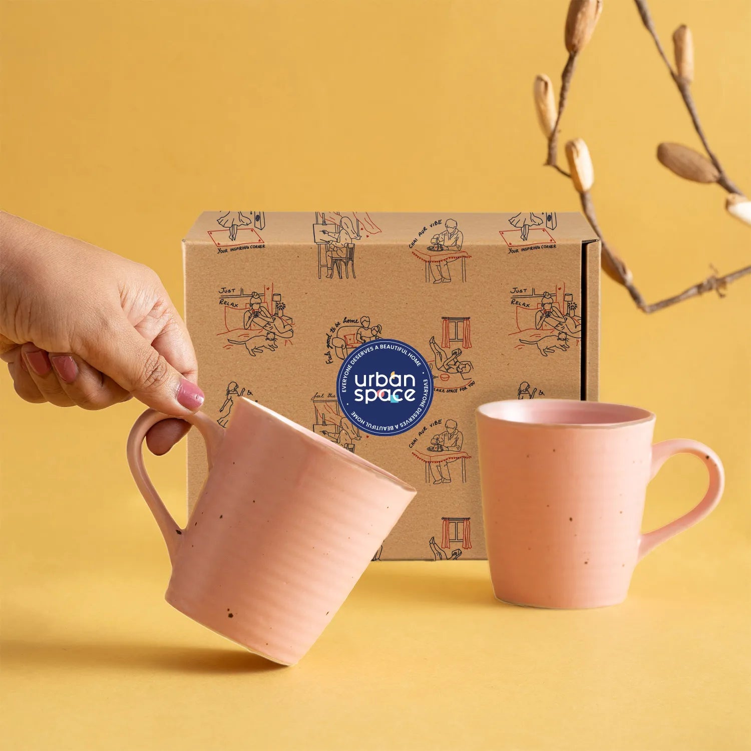 Set of 2 Handmade Ceramic Mugs for Tea & Coffee in a Gift Box - Warm Pink