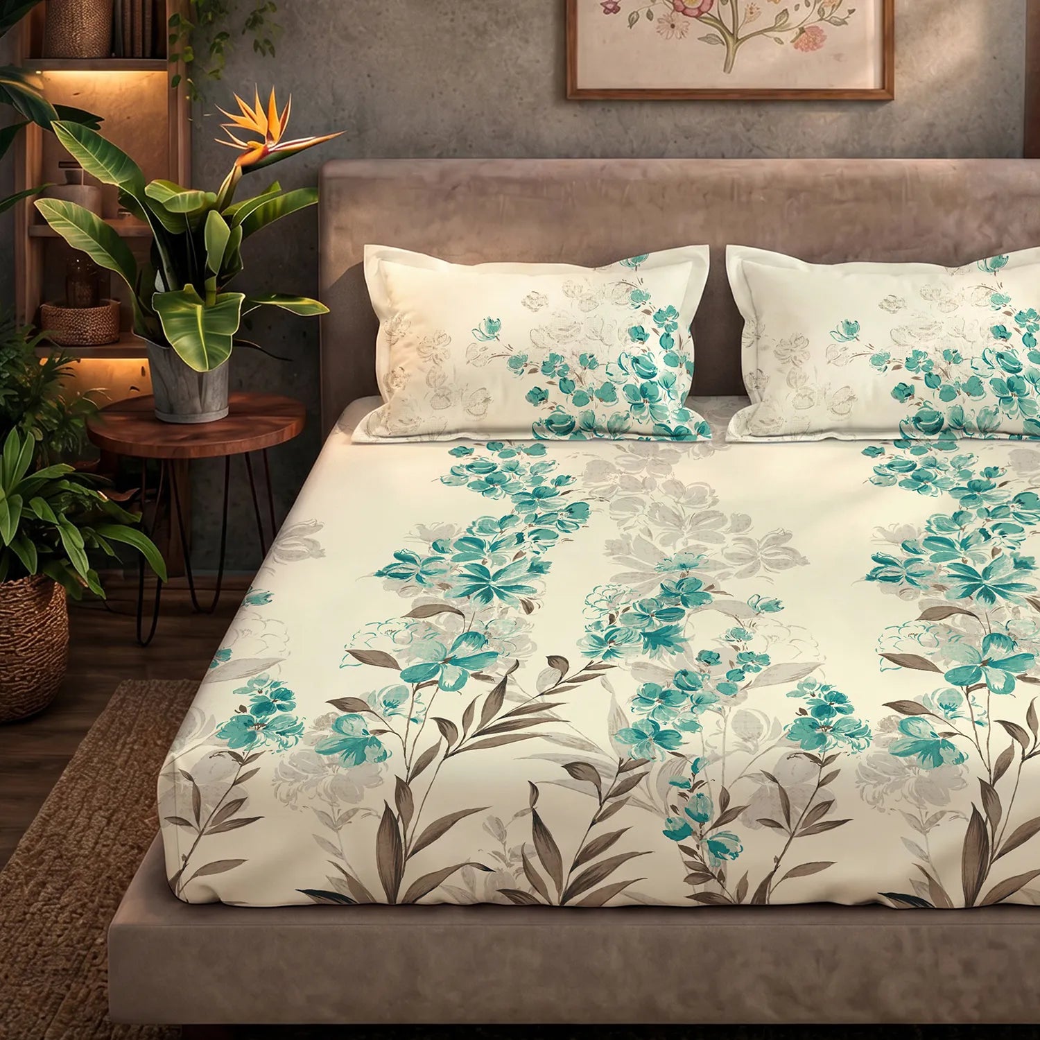 Serene 200 TC 100% Cotton Printed Bedsheet with Pillow Covers - Majestic Green