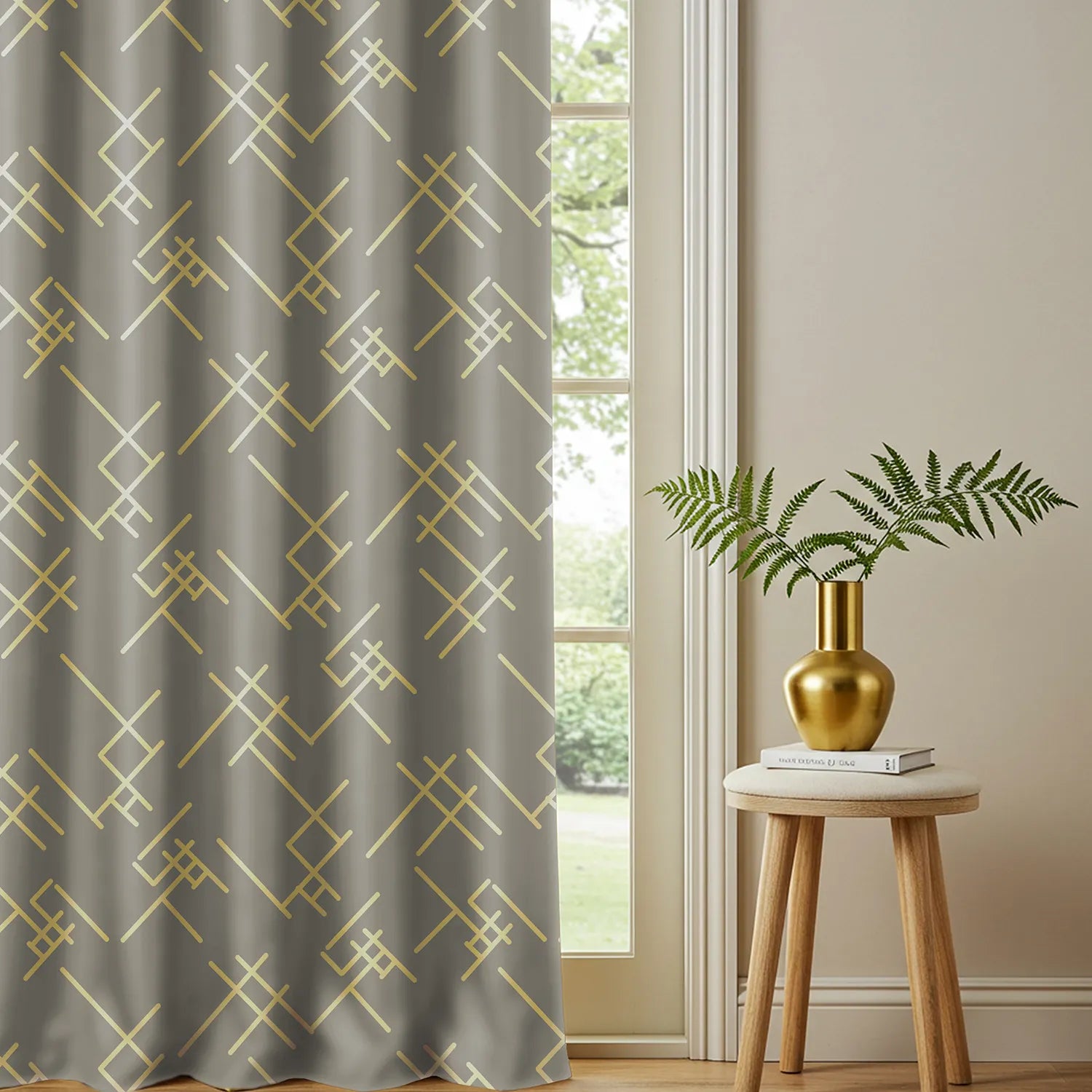 Metallic Foil Printed 100% Blackout Curtains - Pack of 1 Curtain - Criss Cross Soft Grey