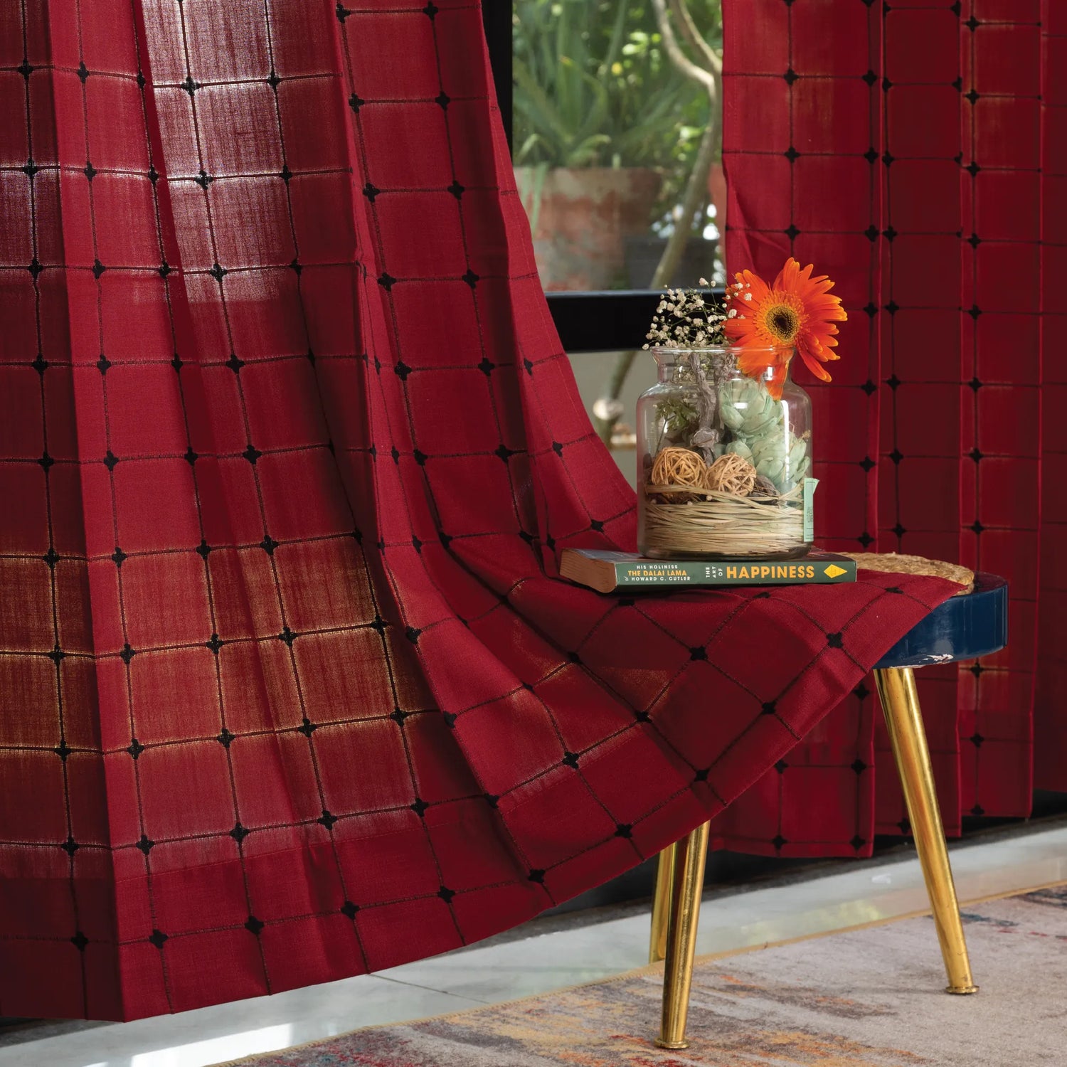 Pixel Checks Maroon Embroidered Curtains - Pack of 2