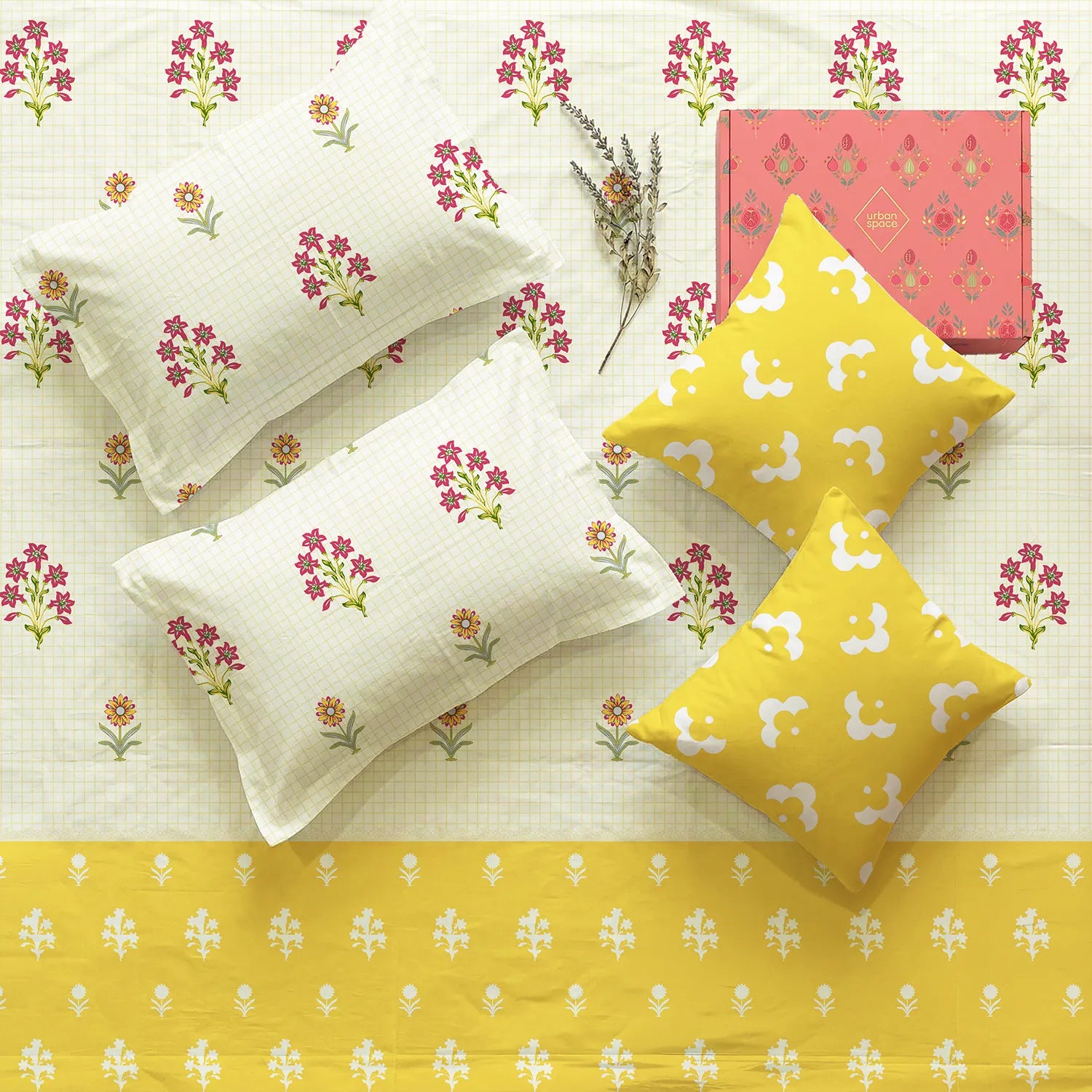 5 PC Cotton Bedsheet Set, Double/Queen Bedsheet in Giftbox- Magnolia Yellow