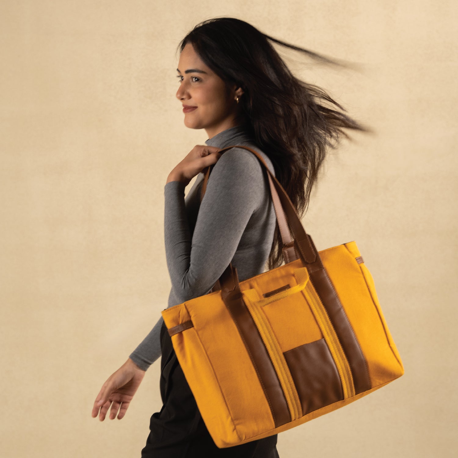 The Atelier - Natural Canvas Tote Bags for Office, Mustard Yellow