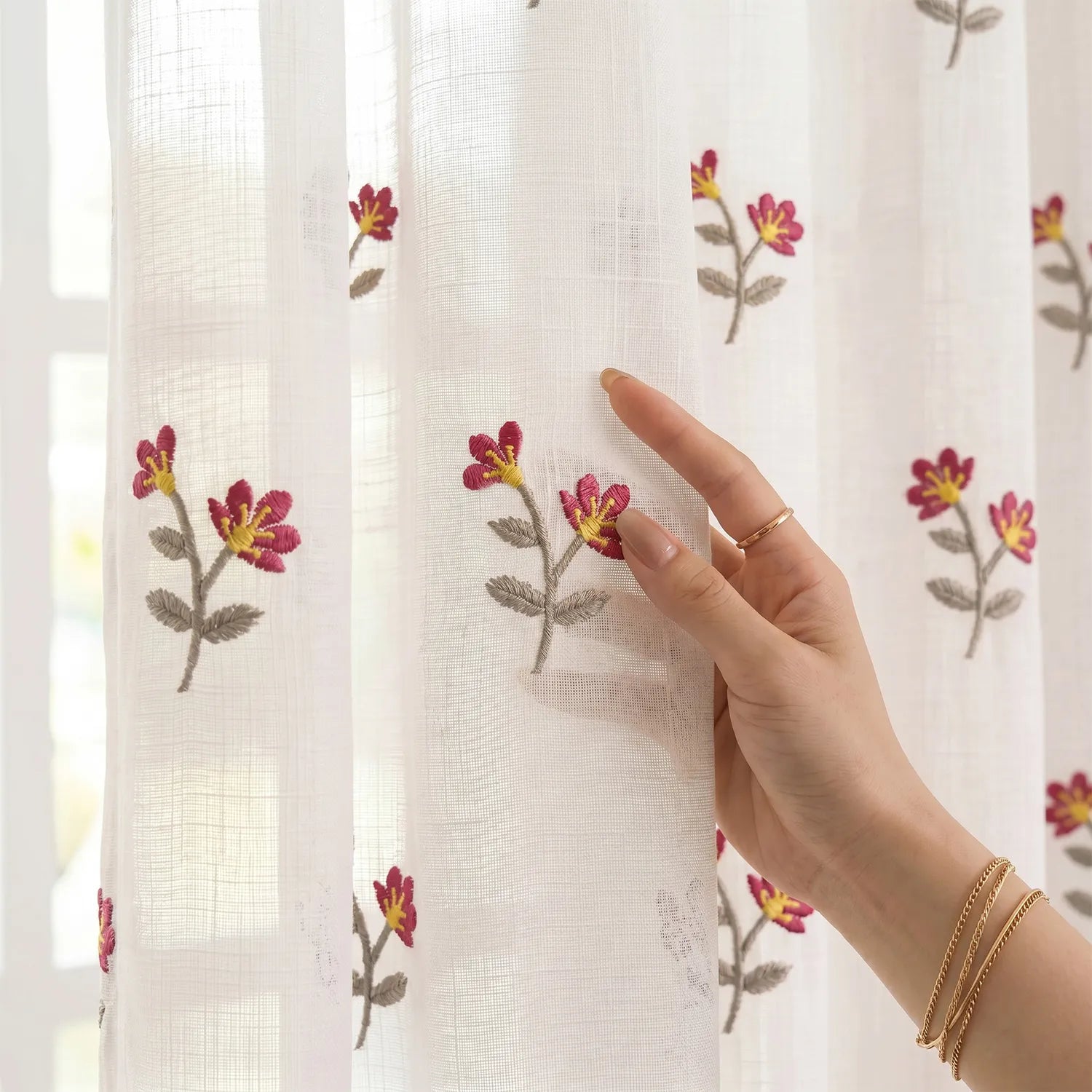 Embroidered Light Filtering Curtains, Pack of 1 - Neerja Dark Pink