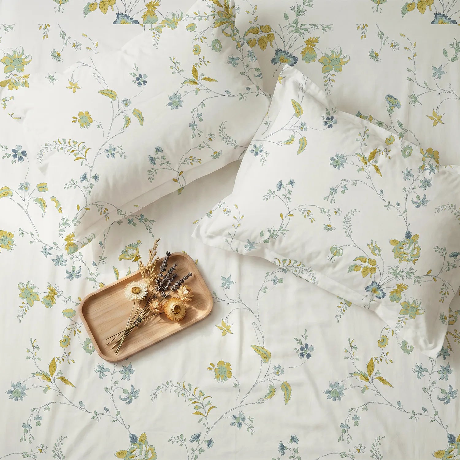 Serene 200 TC 100% Cotton Bedsheet with Pillow Covers - Bloom Pearls Sage Mustard