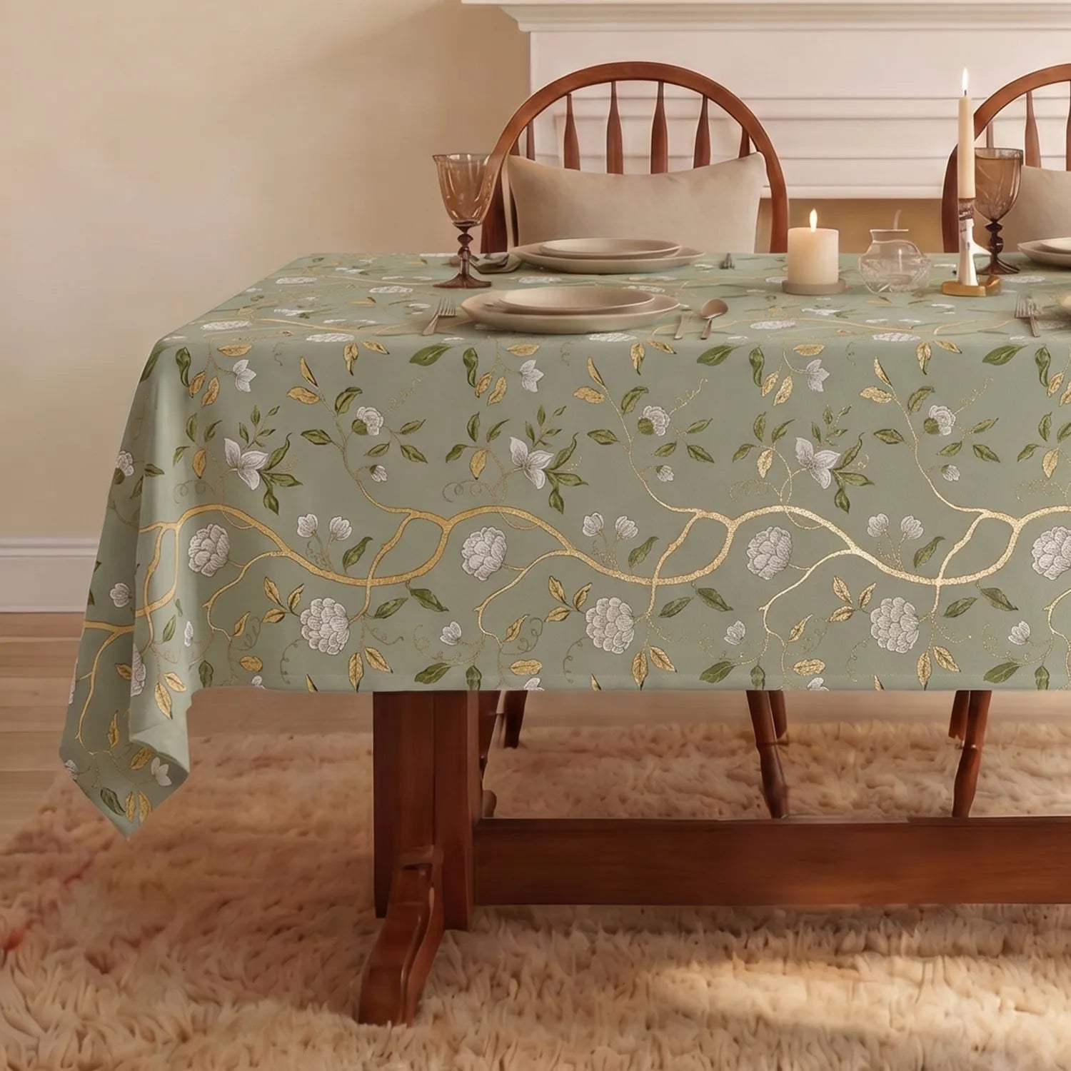 100% Cotton Table cloth/ table cover for 4 or 6 seater Dining / Centre Table - Zari Baagh Sage Green Gold