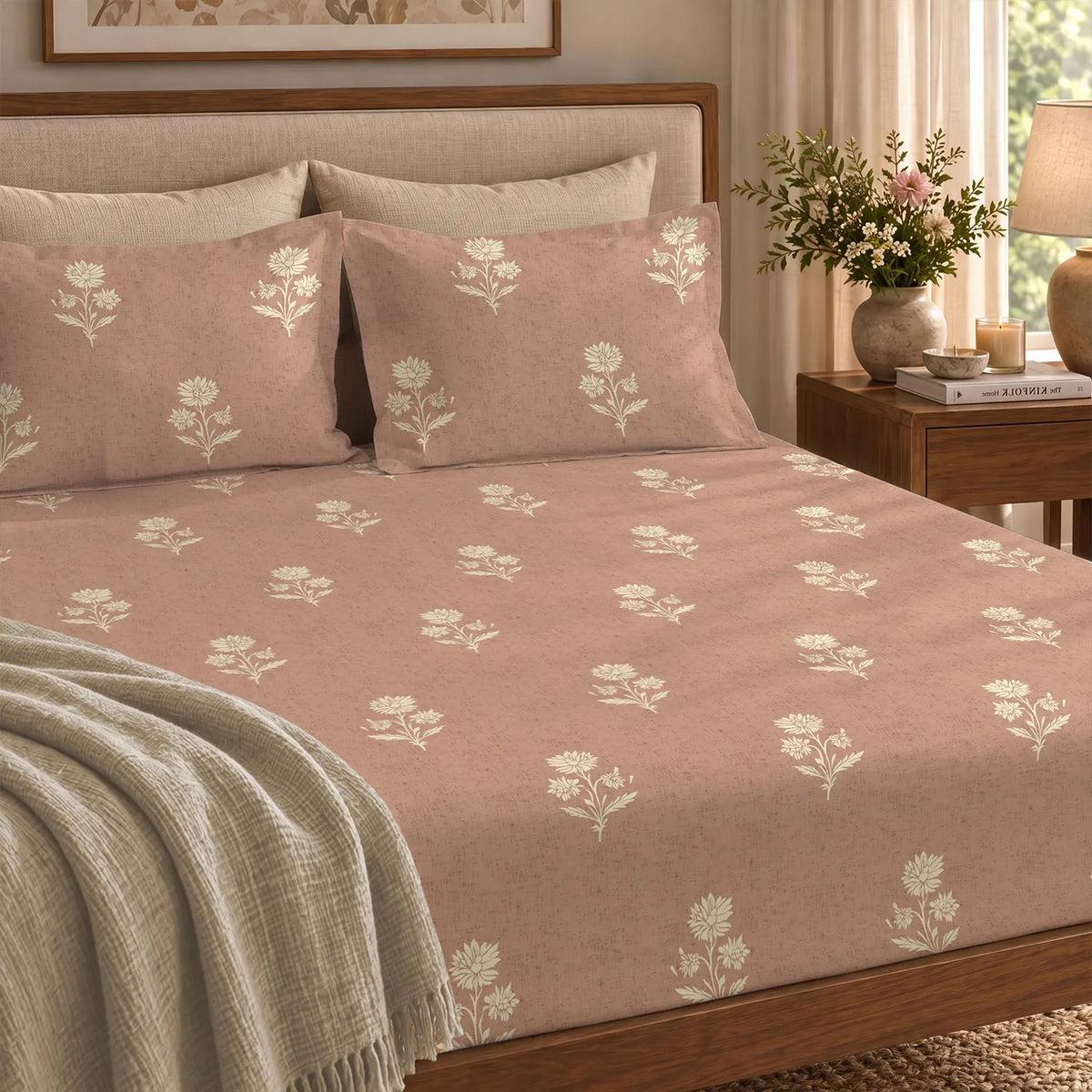 300 TC Cotton Percale Bedsheet with Pillow Covers - Summer Holiday Brown