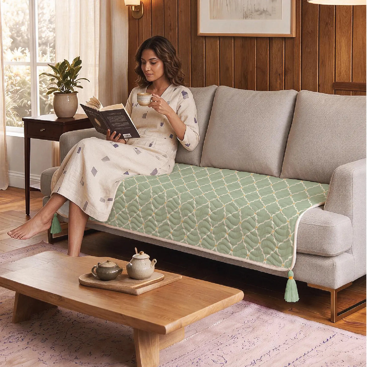 Anti Skid Quilted & Printed Velvet Sofa Mats with Tassels - Oasis Sage Green