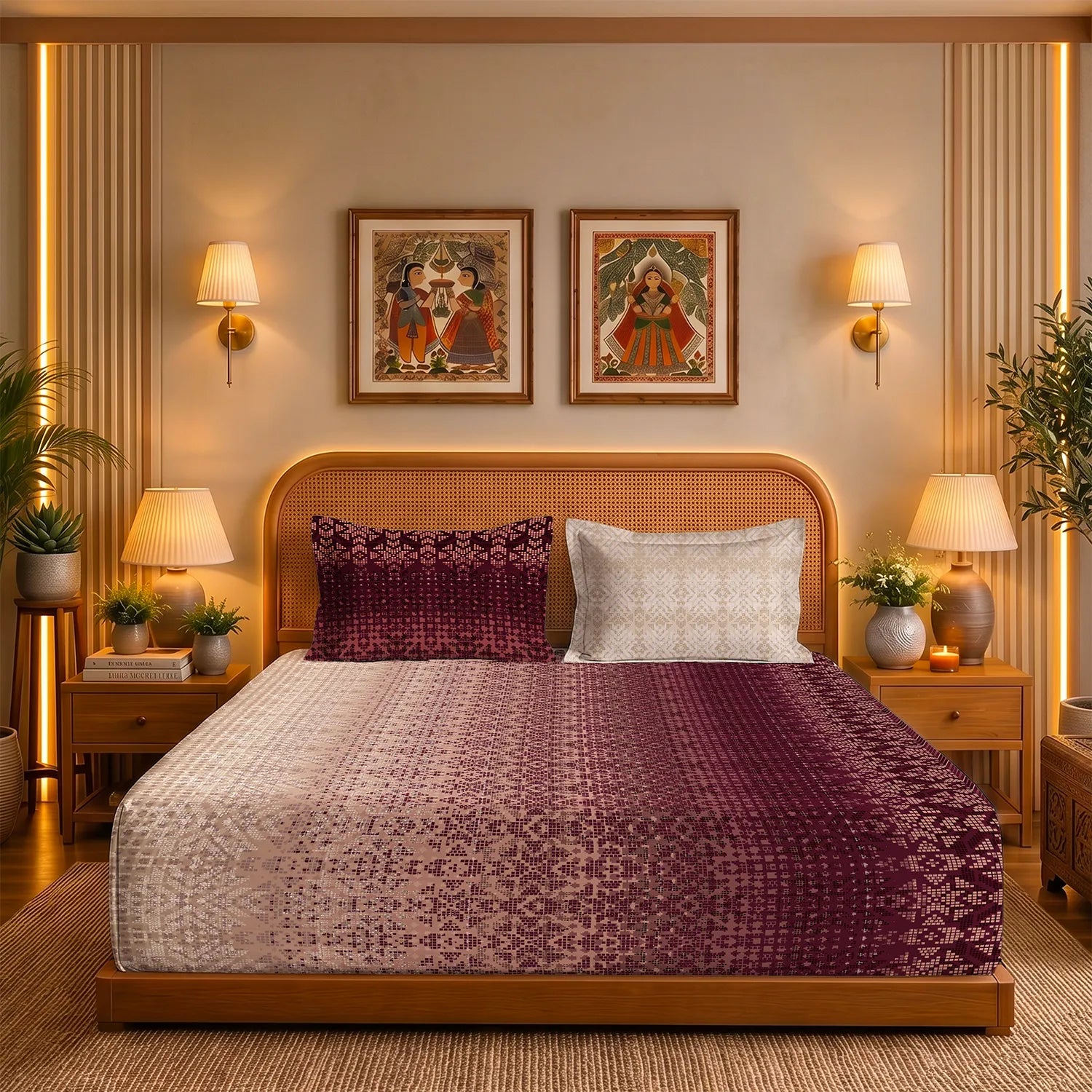 Serene 200 TC 100% Cotton Bedsheet with Pillow Covers - Sun & Sand Wine