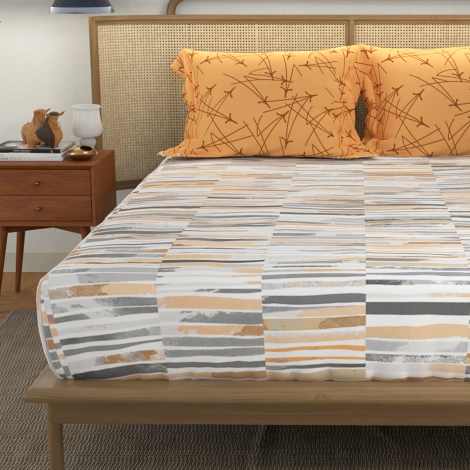 Divine Collection - 144 TC 100%  Cotton Double Bedsheet with 2 Pillow Covers, Stripes Mustard