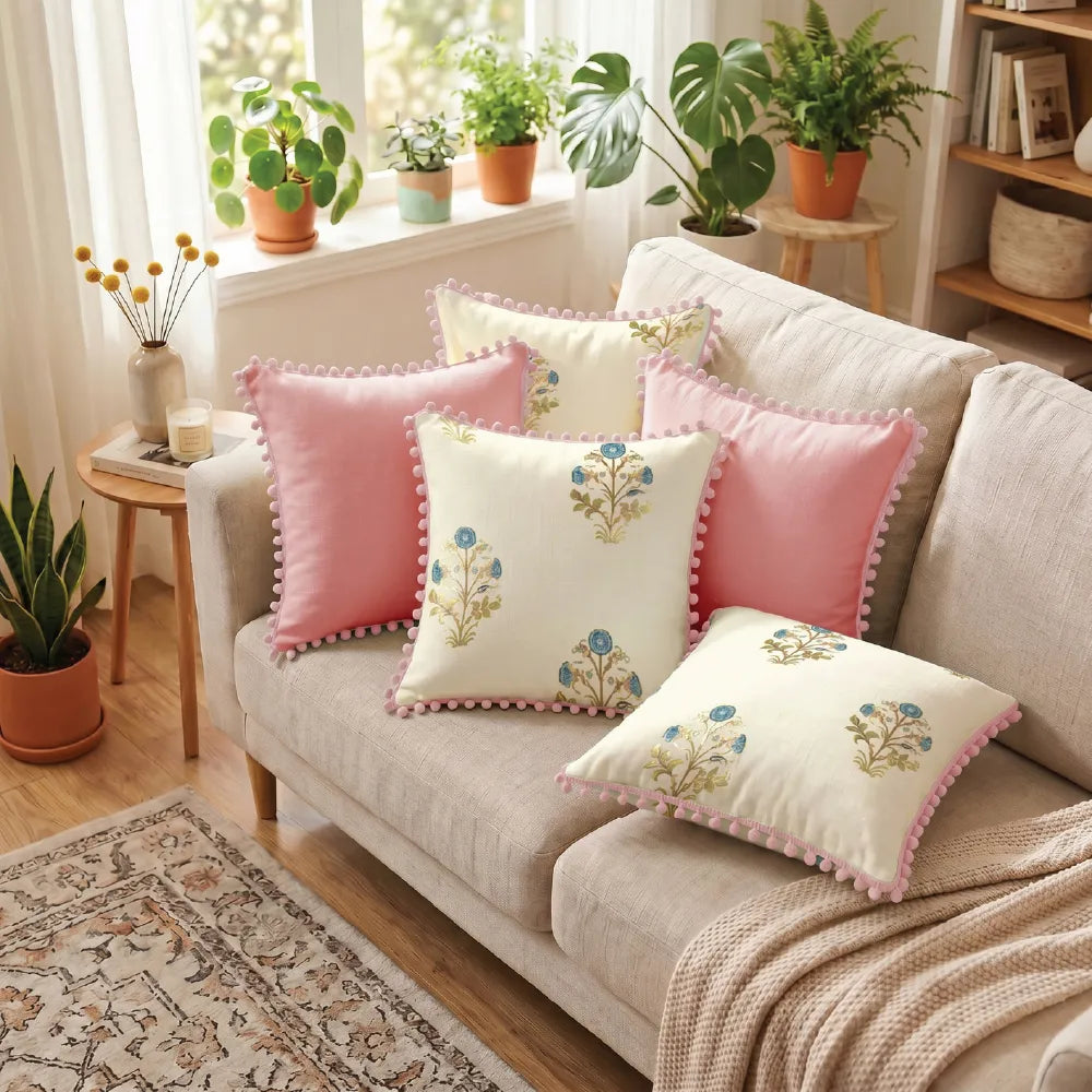 Foil Printed Cotton Cushion Covers, Throw Pillow for Couch - Zari & Aura Dusty Pink