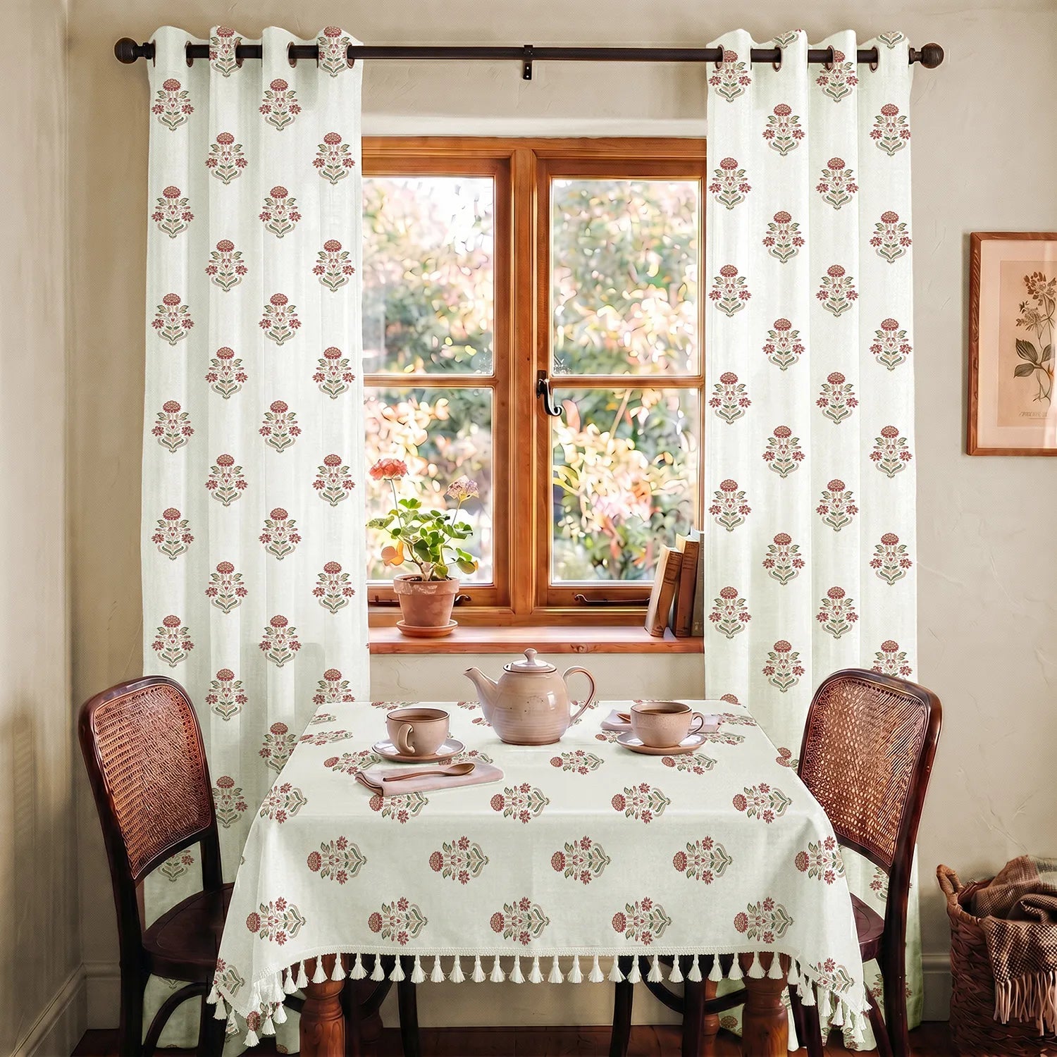 100% Cotton Pack of 2 Curtains & Table Cover Combo for Living Room - Liberty Maroon