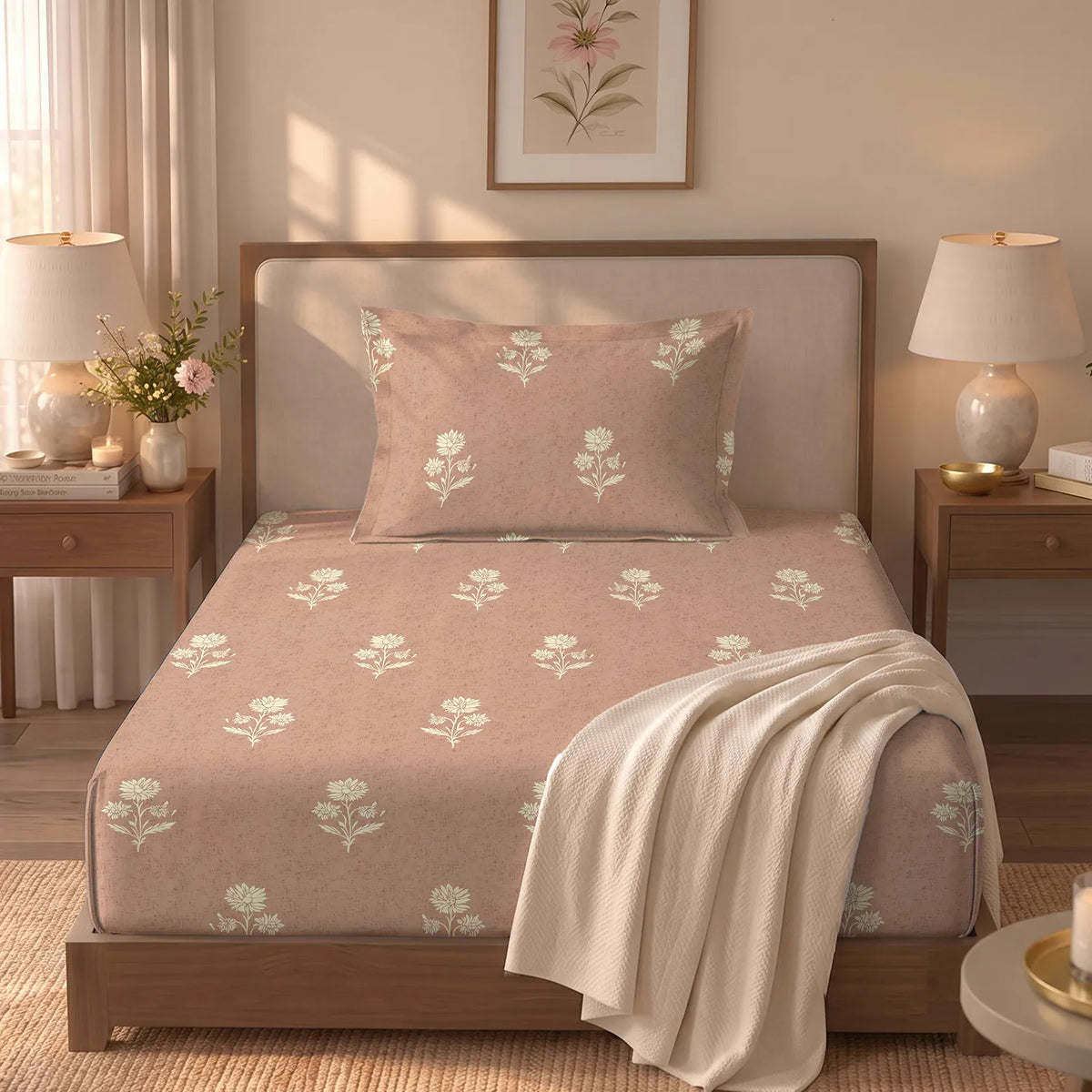 Serene 300 TC 100% Cotton Single Bedsheet with Pillow Covers - Summer Holiday Brown