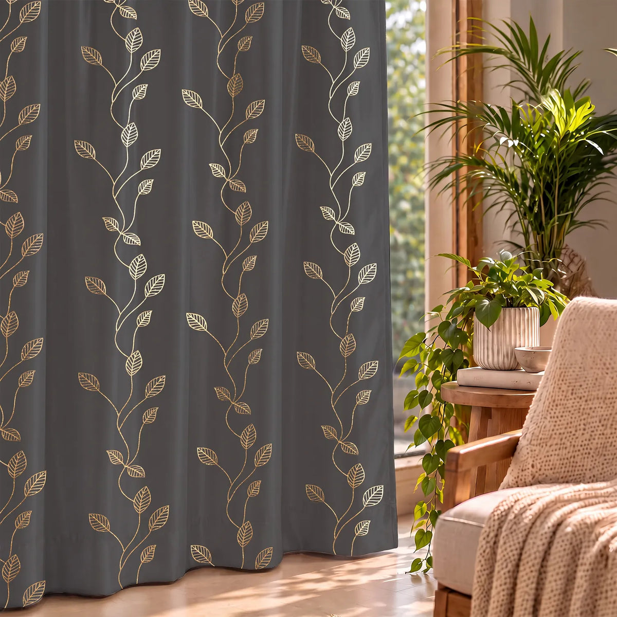 Gold Foil Printed 80-85% Blackout Curtains - Pack of 1 - Leaf- Grey