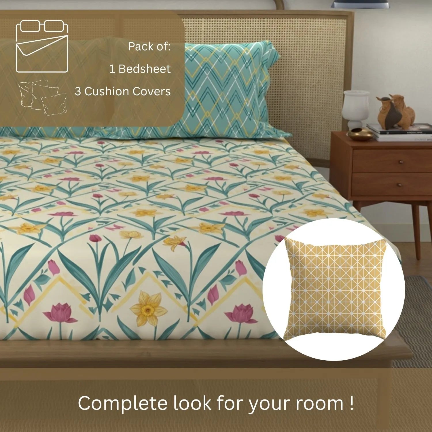 Cotton Double Bedsheet with 3 Cushion Covers in Gift Box Set, Spring Turquoise
