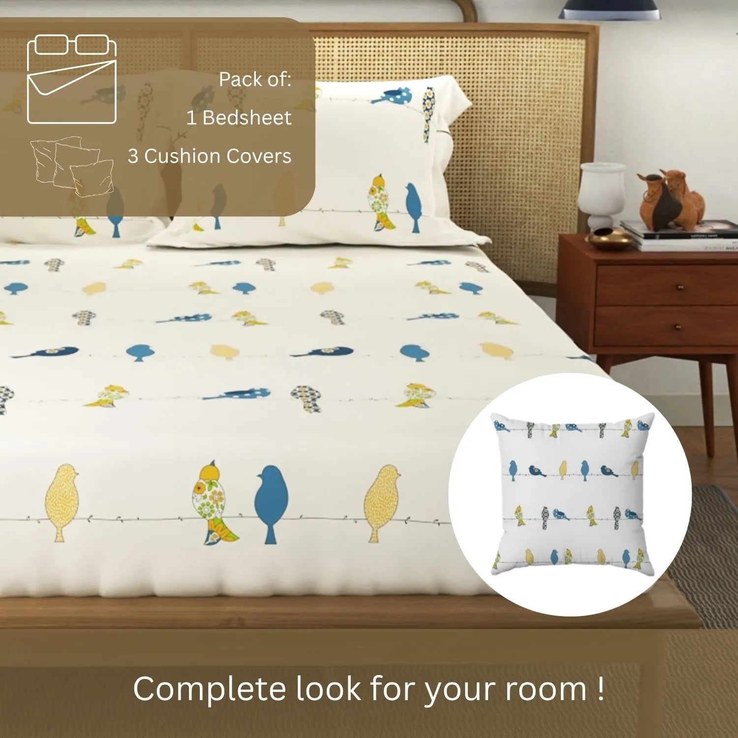 Cotton Double Bedsheet with 3 Cushion Covers in Gift Box Set, Humming Bird Blue