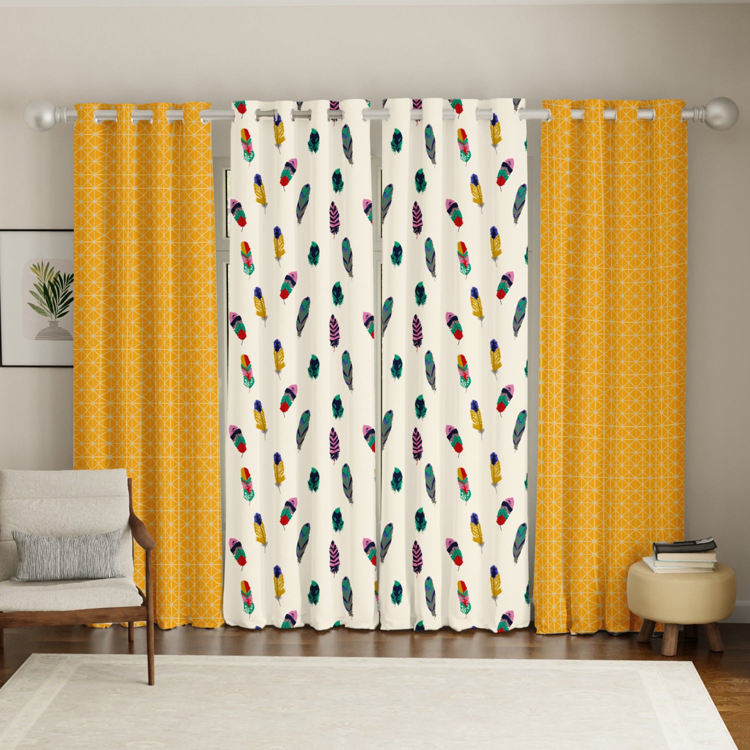 Cotton Curtains Combo, Set of 4 curtains, 60-65% Room Darkening Curtain - Yellow Star & Dream Catcher