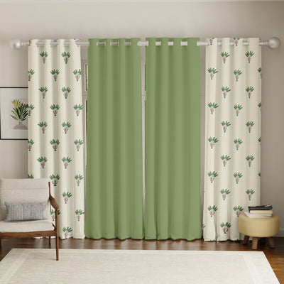 Cotton Curtains Combo, Set of 4 curtains, 60-65% Room Darkening Curtain - Palm Lagoon Green & Aura Green