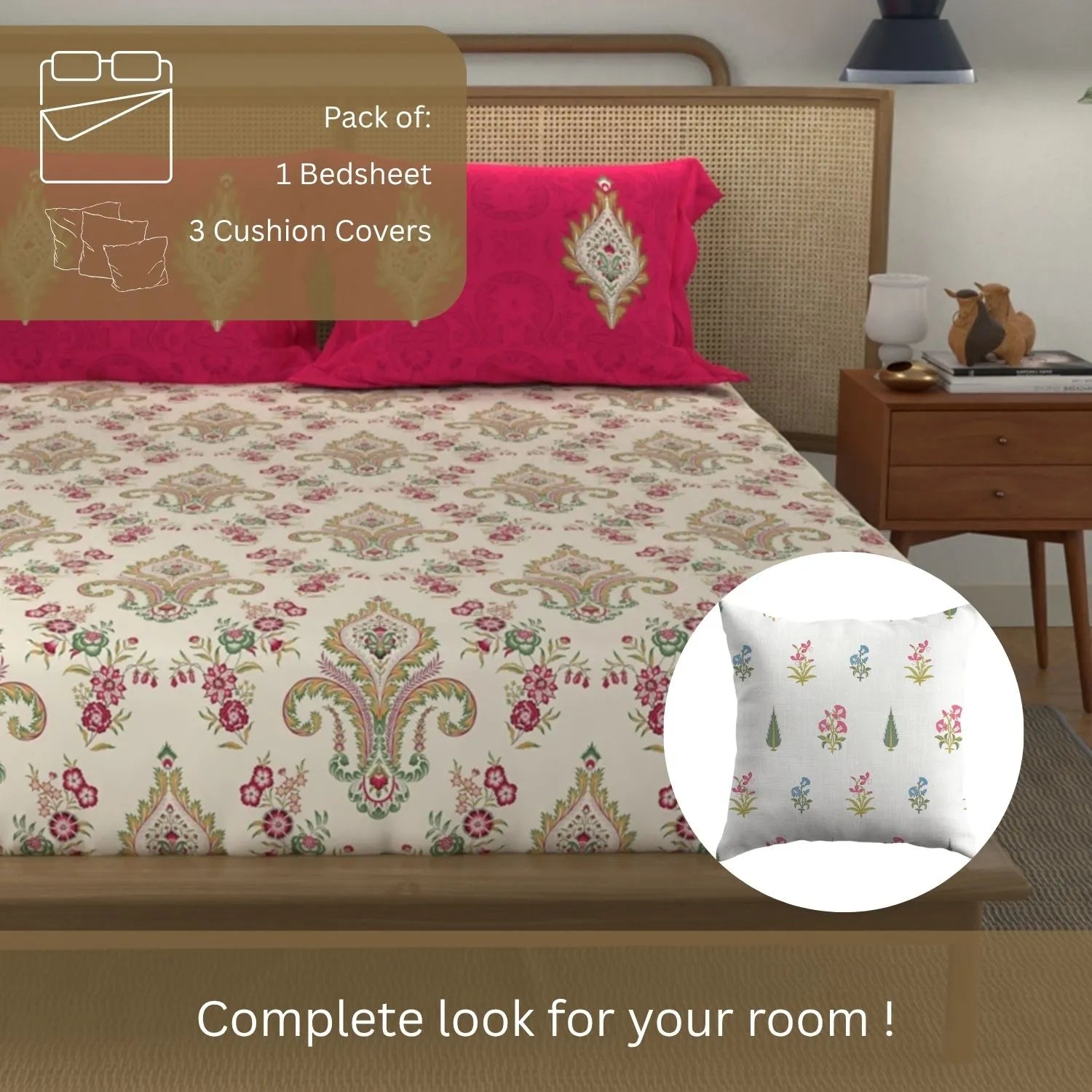 Cotton Double Bedsheet with 3 Cushion Covers in Gift Box Set, Motif Red