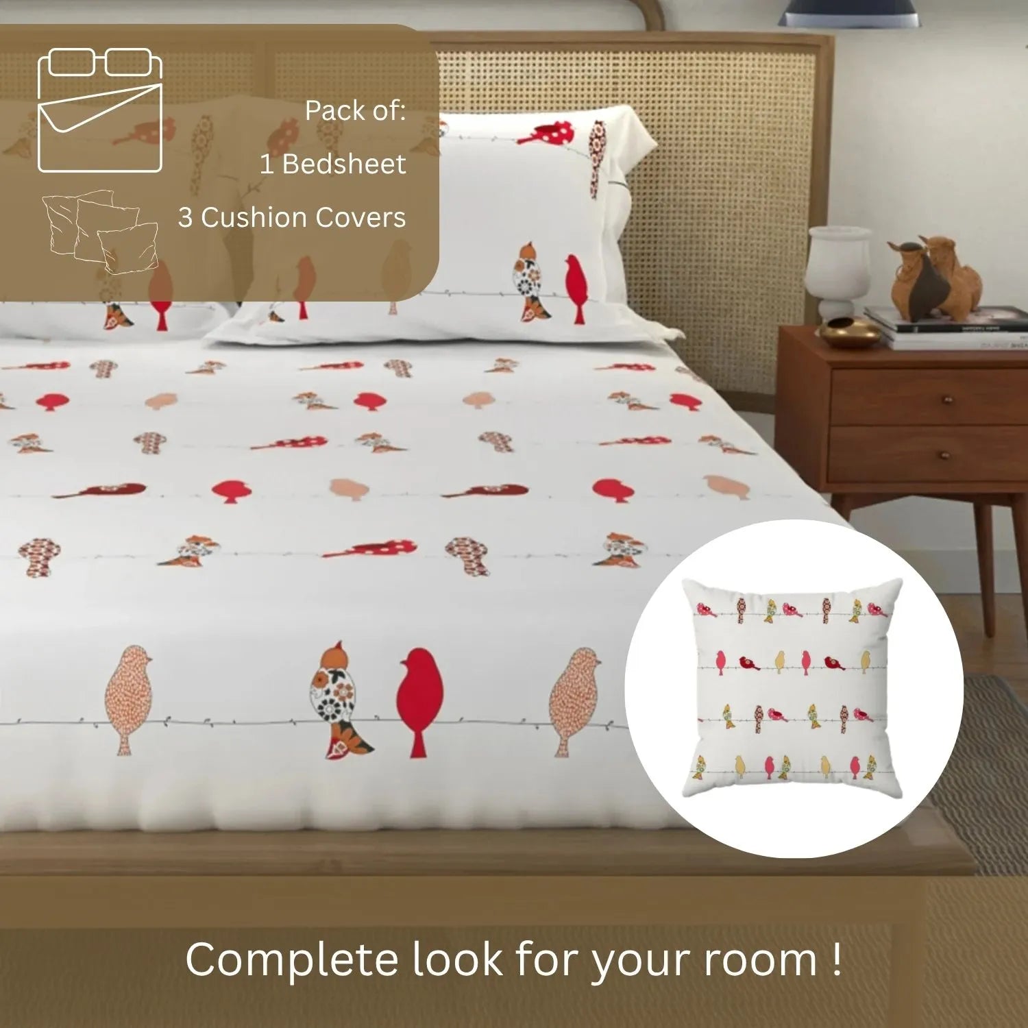 Cotton Double Bedsheet with 3 Cushion Covers in Gift Box Set, Humming Bird Red