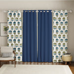 Set of four cotton curtains with solid deep blue panels and white panels featuring blue and green owl floral prints, eyelet.