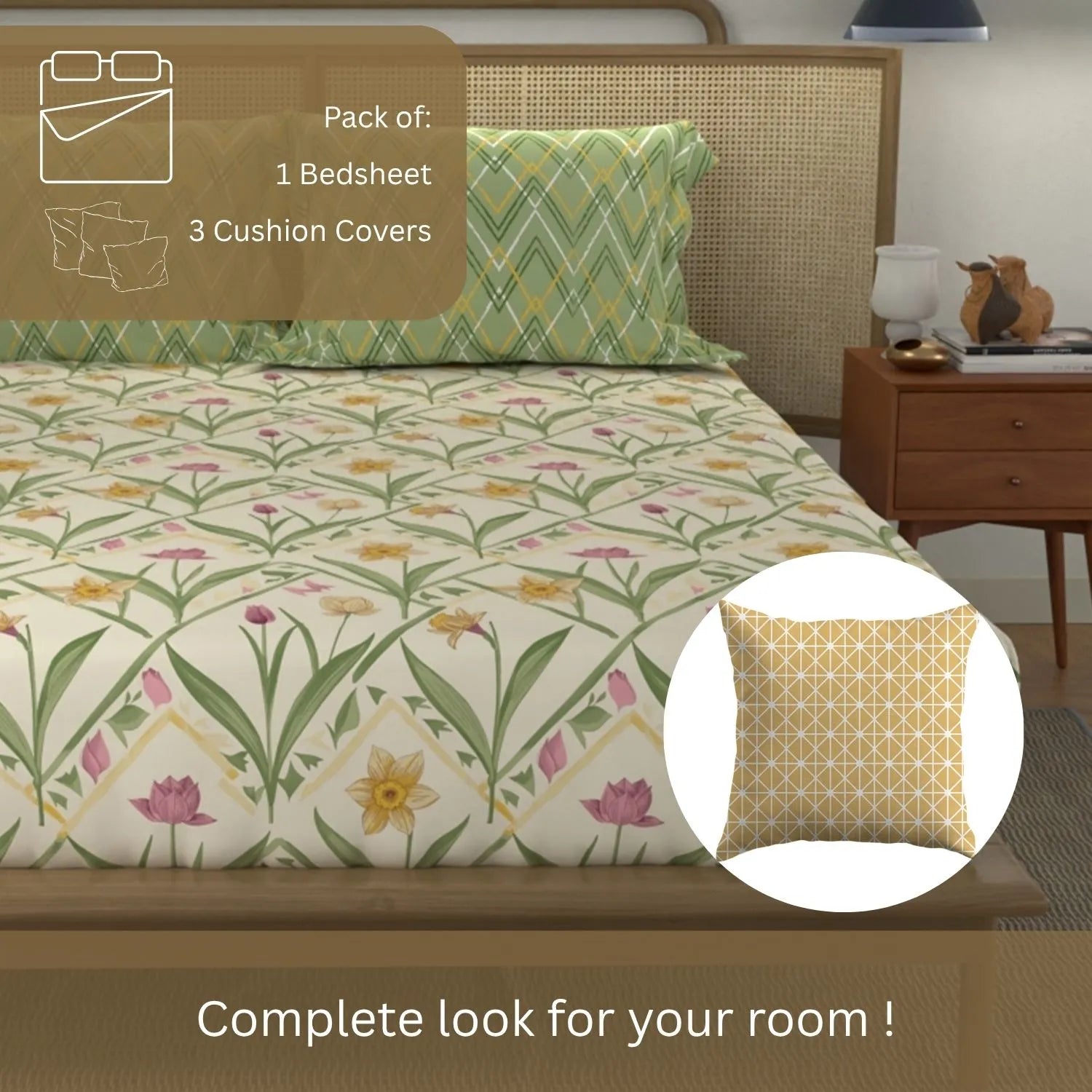 Cotton Double Bedsheet with 3 Cushion Covers in Gift Box Set, Spring Sage