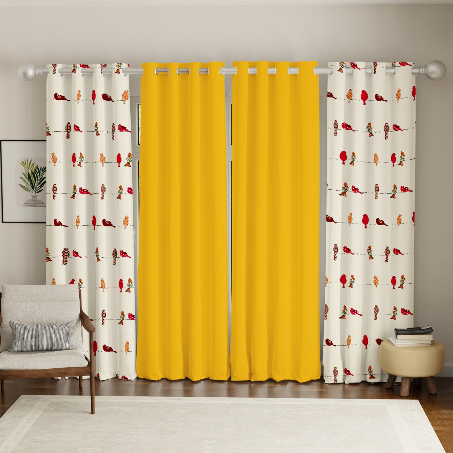 Set of four cotton curtains with two solid bright yellow panels and two off-white panels featuring red hummingbird and.