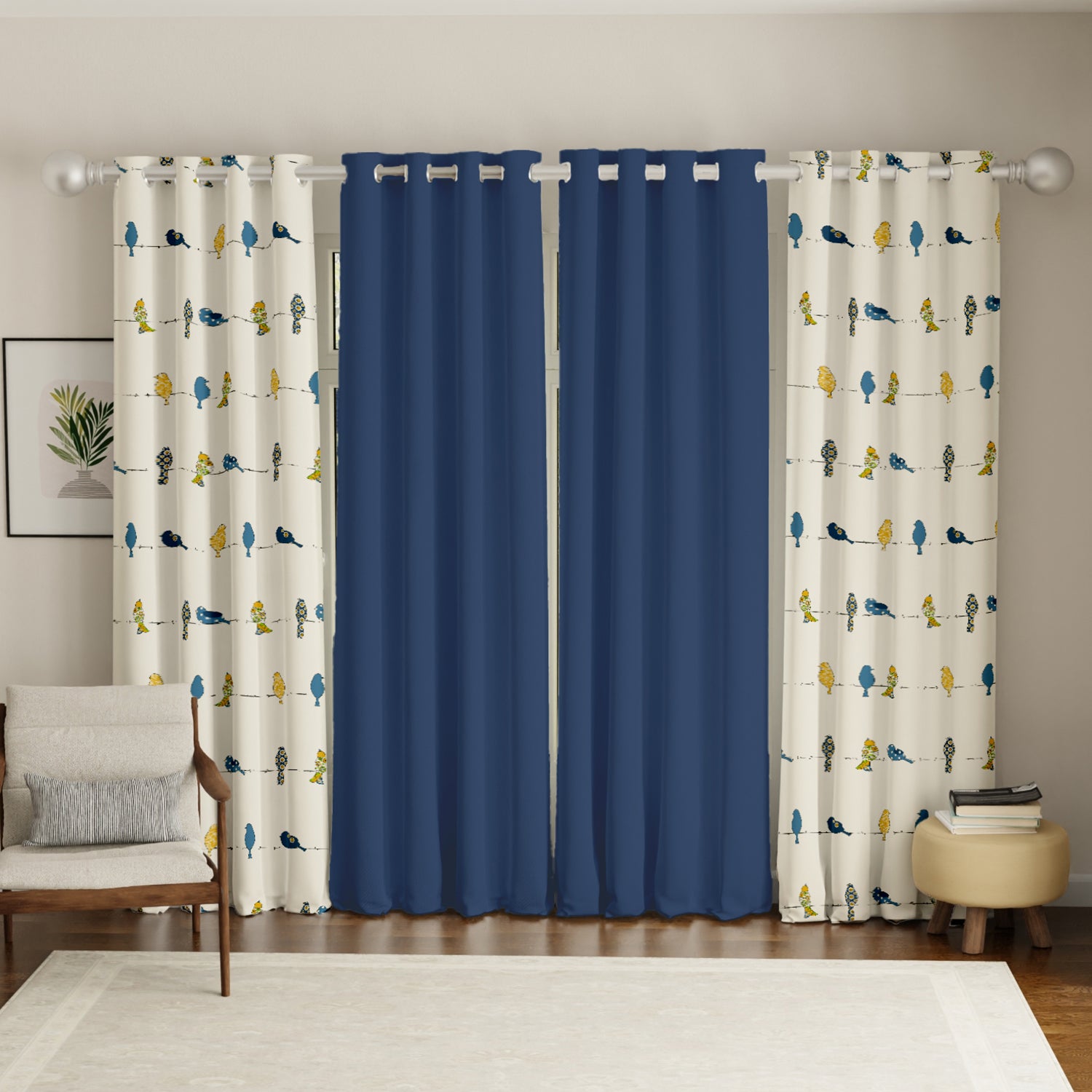 Cotton Curtains Combo, Set of 4 curtains, 60-65% Room Darkening Curtain - Humming Bird Blue & Aura Indigo