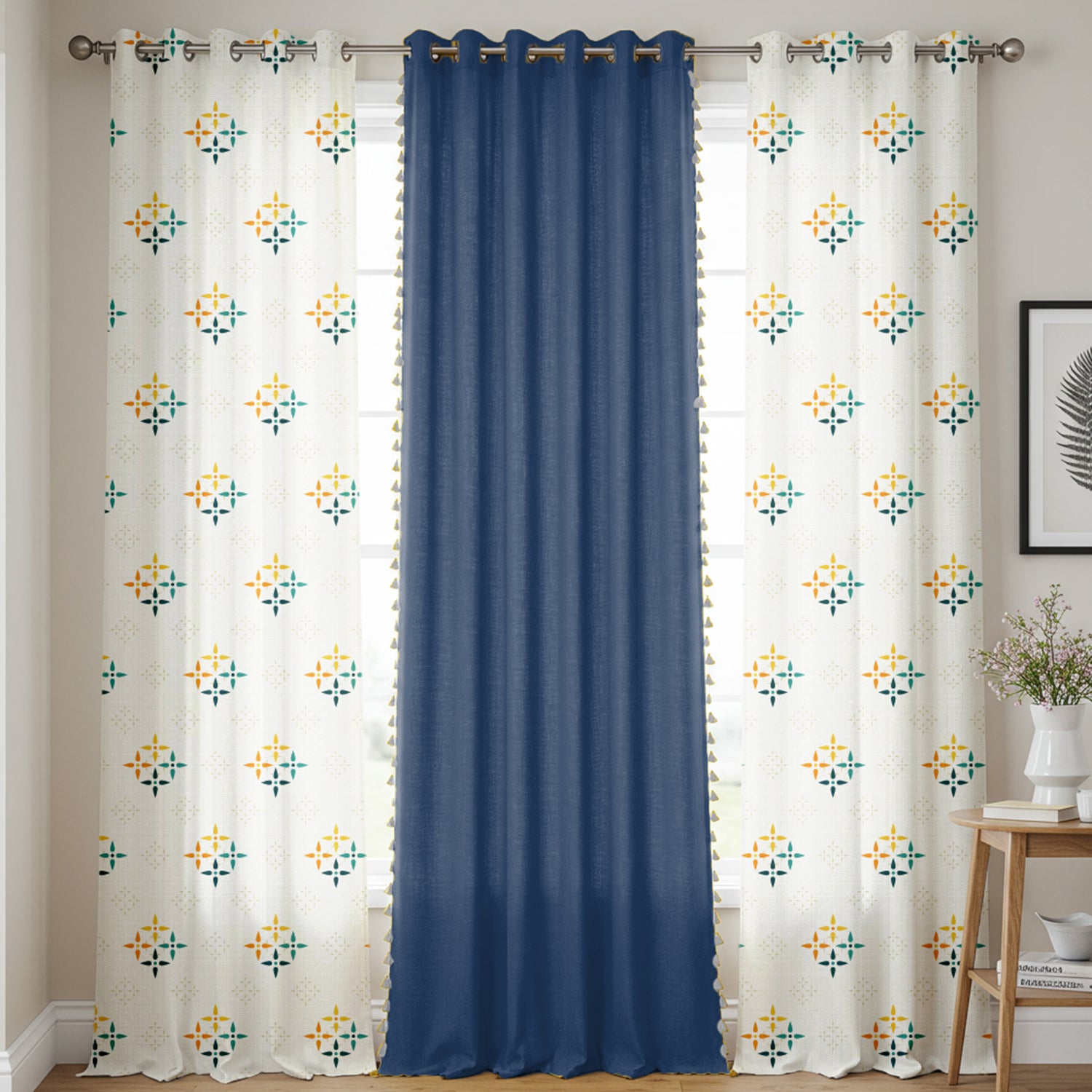 Cotton Curtains Combo, Set of 3 curtains, 60-65% Room Darkening Curtain - Blue & Aura Indigo