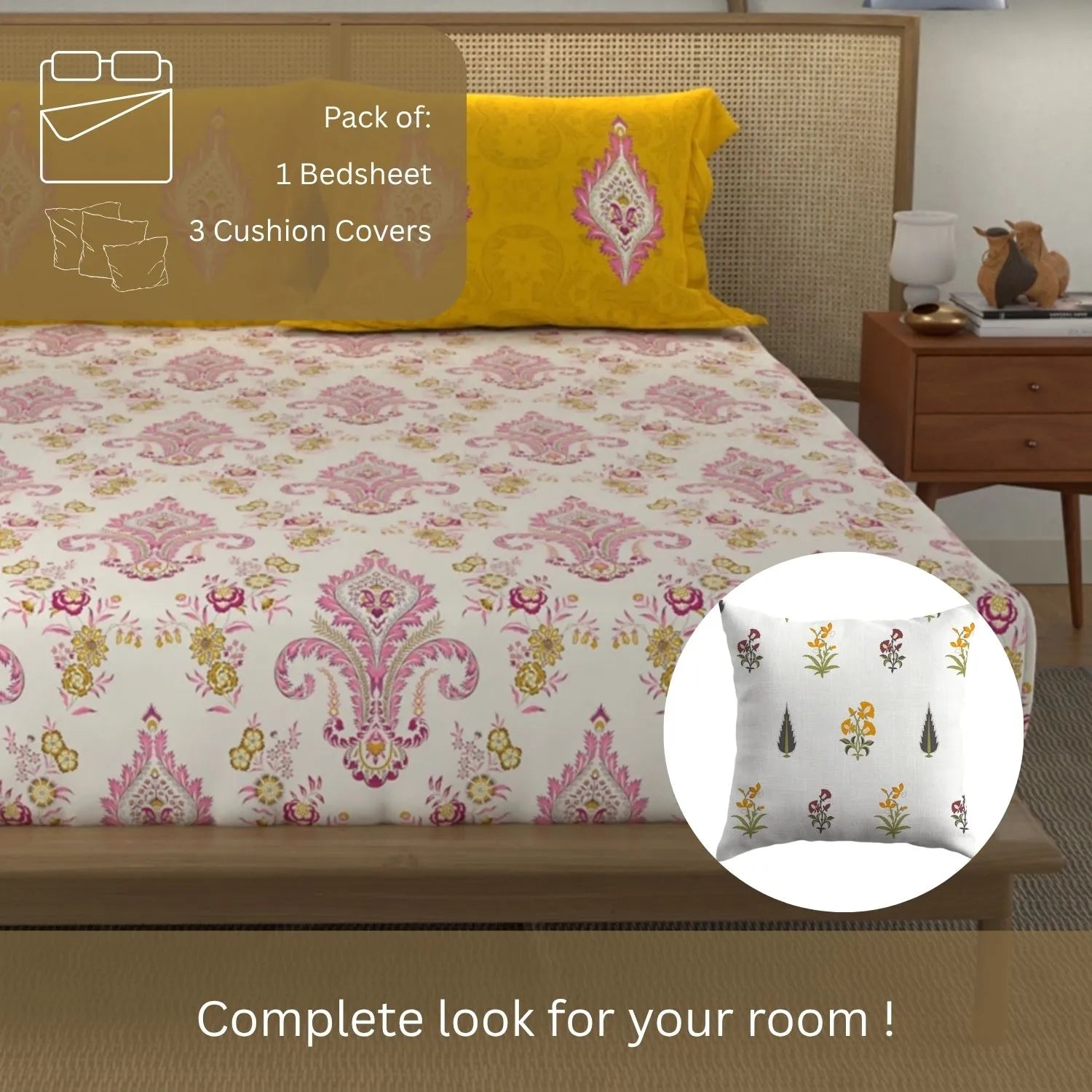 Cotton Double Bedsheet with 3 Cushion Covers in Gift Box Set, Motif Mustard