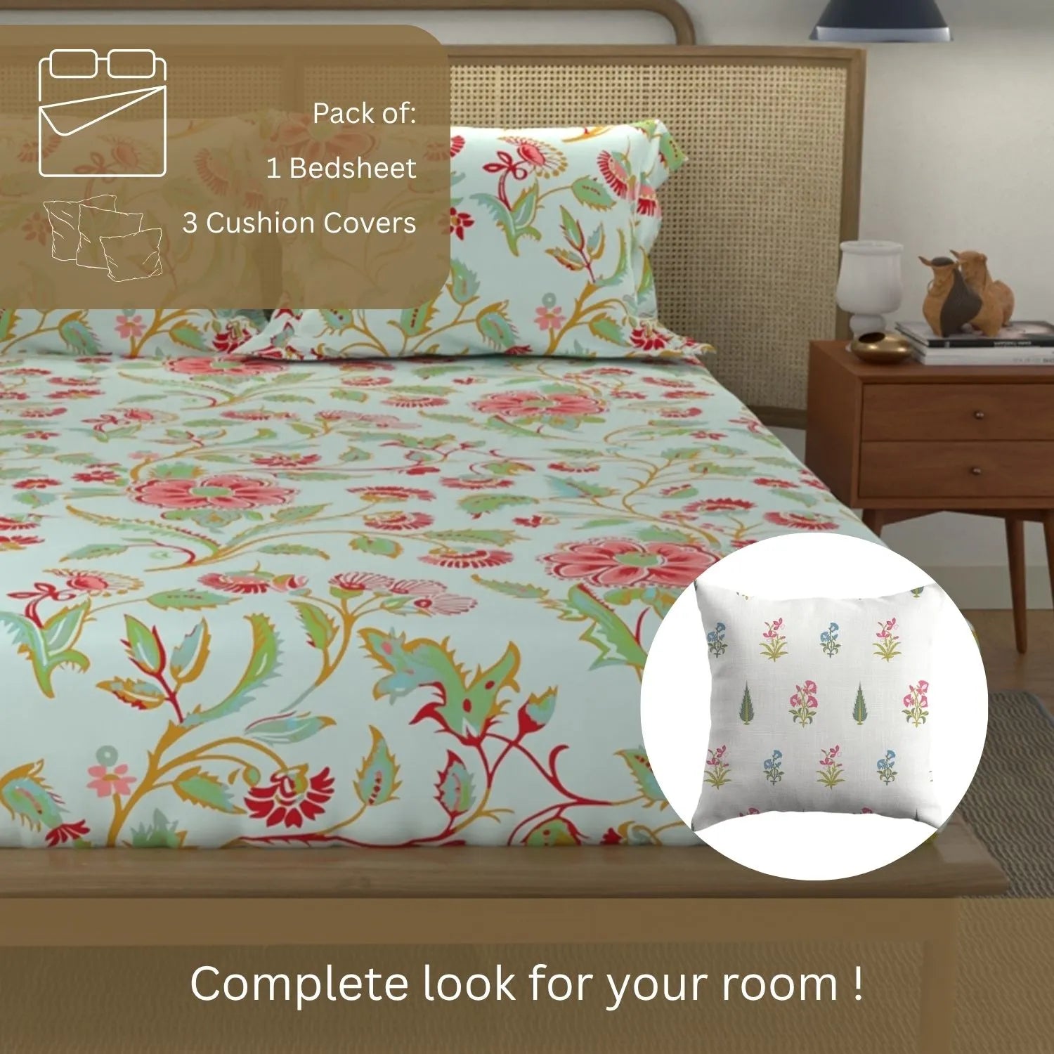 Cotton Double Bedsheet with 3 Cushion Covers in Gift Box Set, Monsoon Skyblue