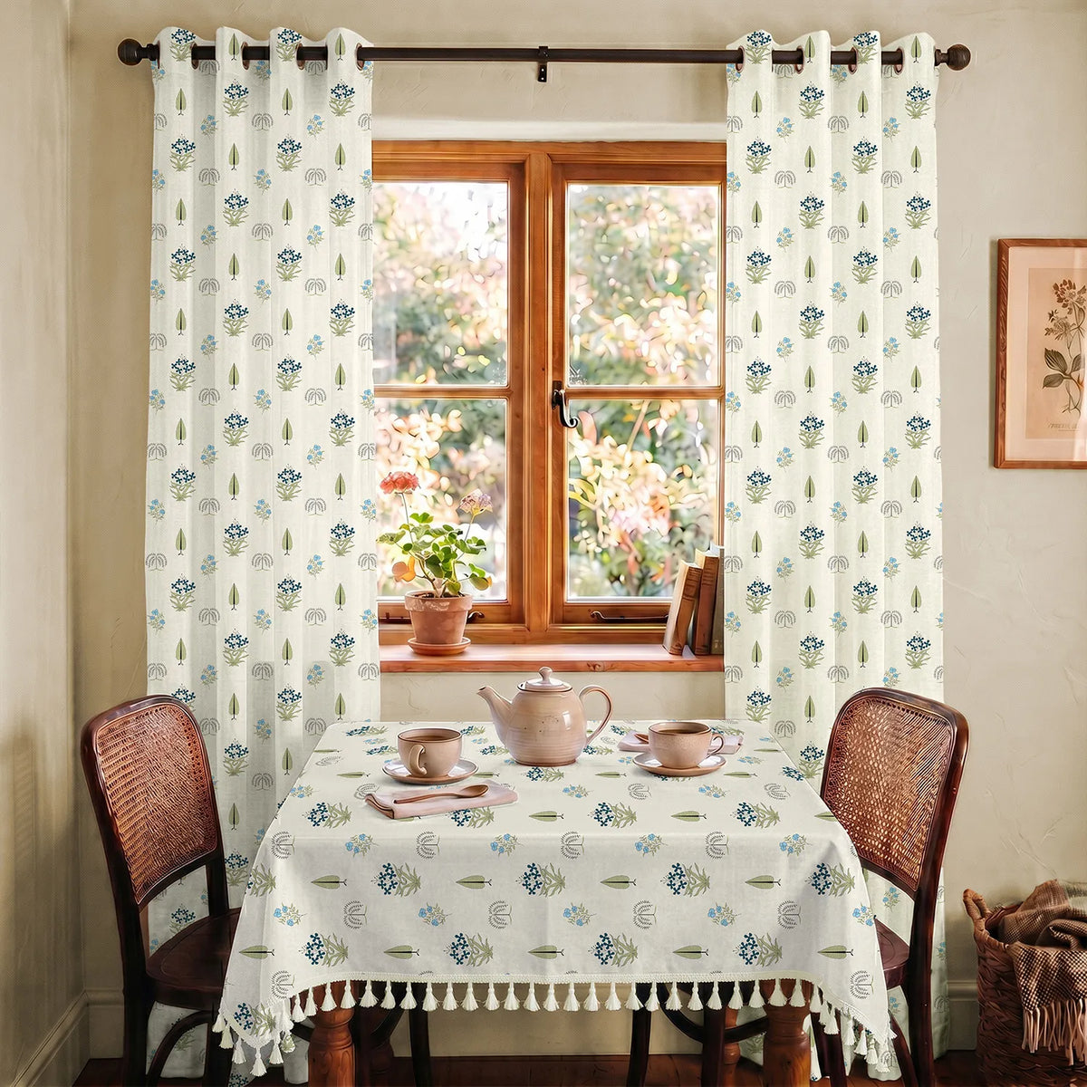 Cotton Curtains + Cotton Table Cover - (Combo 5 - Calico Blue + Calico Blue)