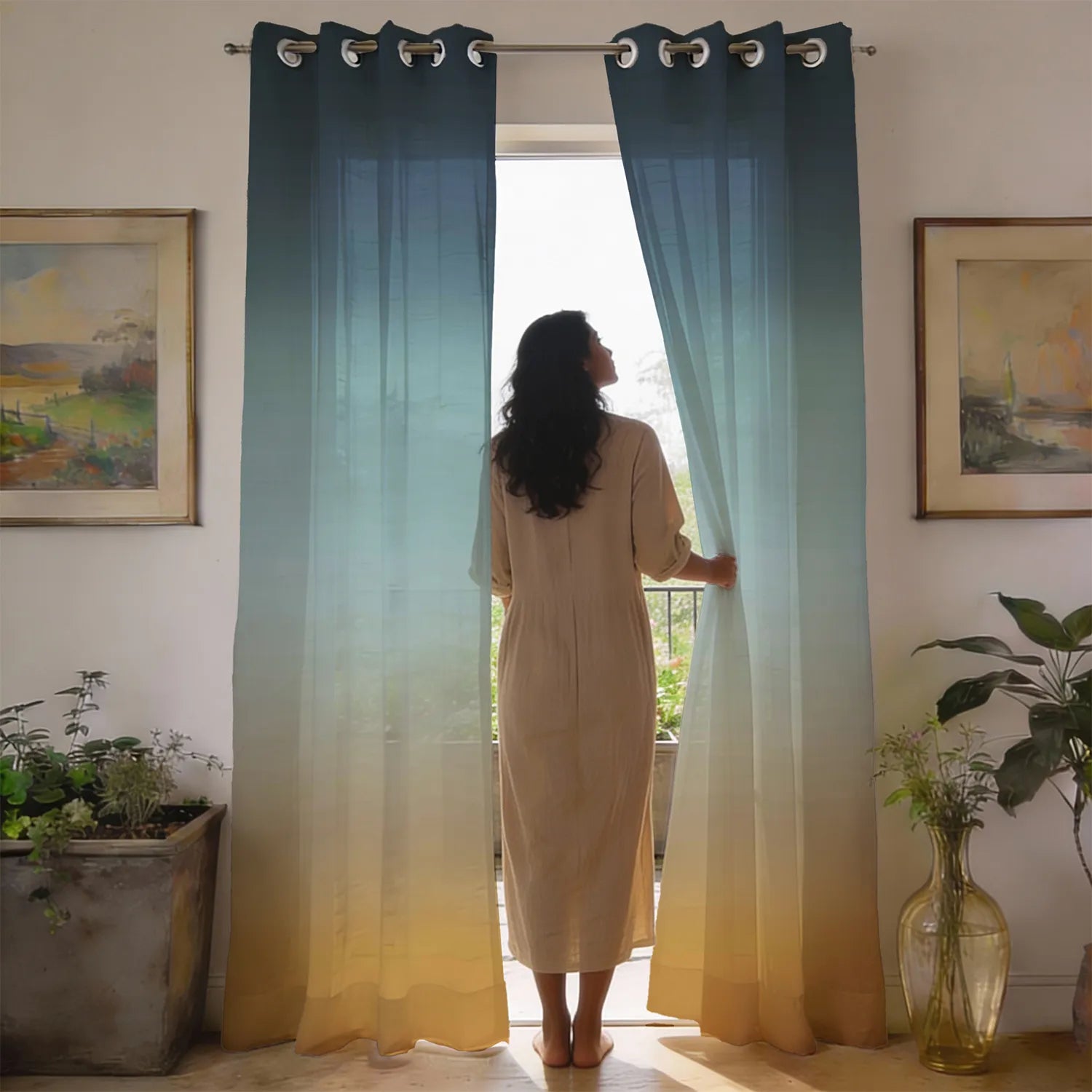 Sheer Curtains, Linen Textured & Digital Printed, Pack of 2 - Blue Gold Ombre