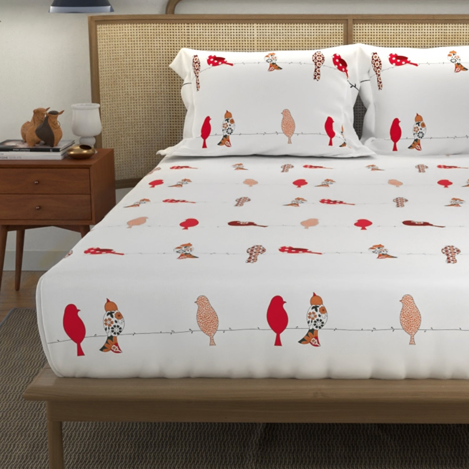 Divine Collection - 144 TC 100%  Cotton Bedsheet with 2 Pillow Covers - Humming Bird Red