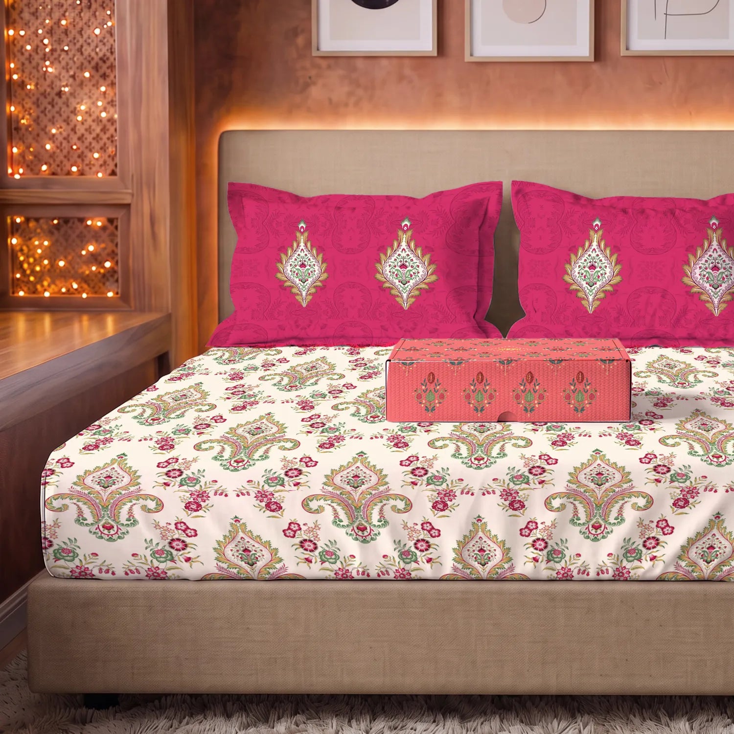 144 TC 100% Cotton Bedsheet Set in Gift Box - Motif Red