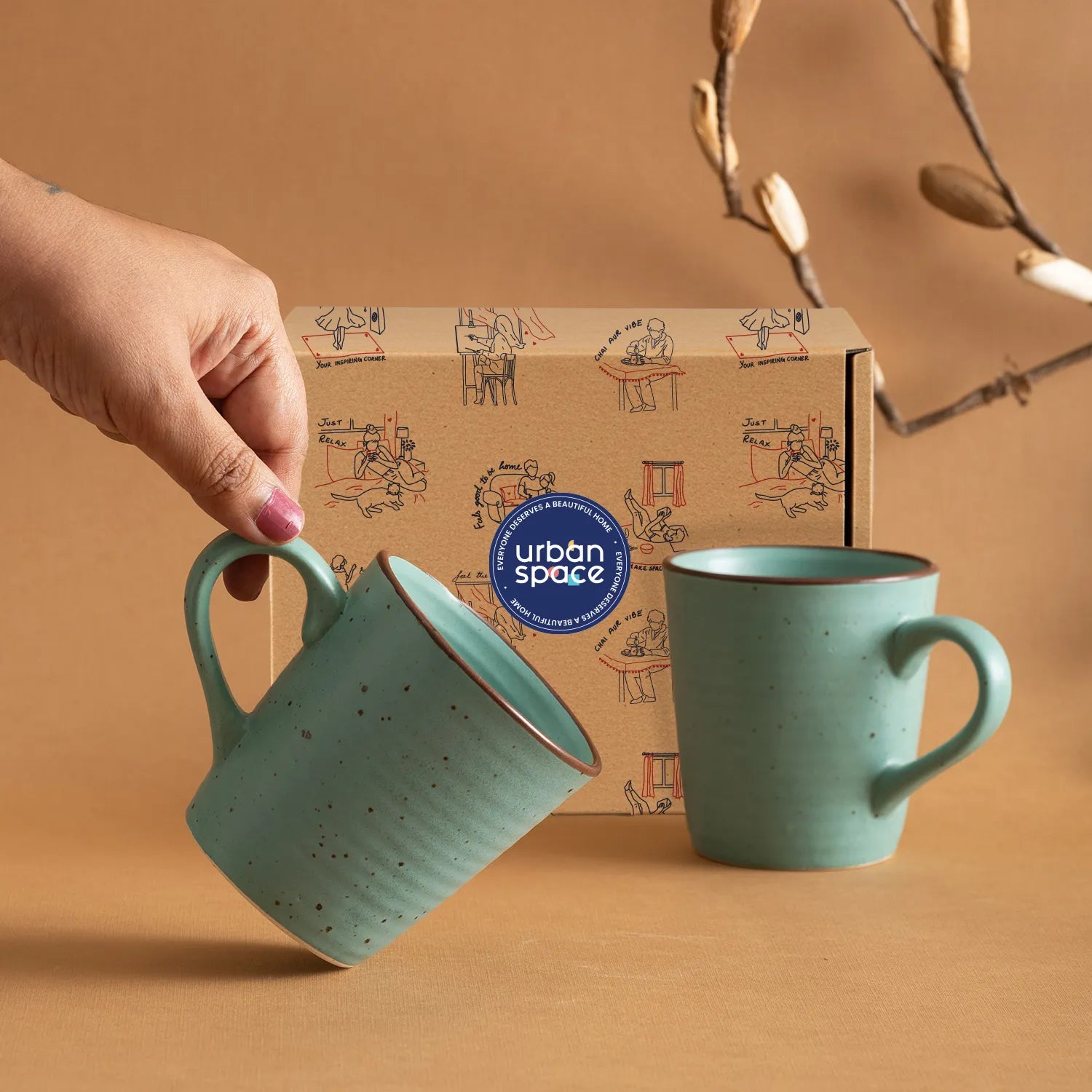 Set of 2 Handmade Ceramic Mugs for Tea & Coffee in a Gift Box - Ocean Green