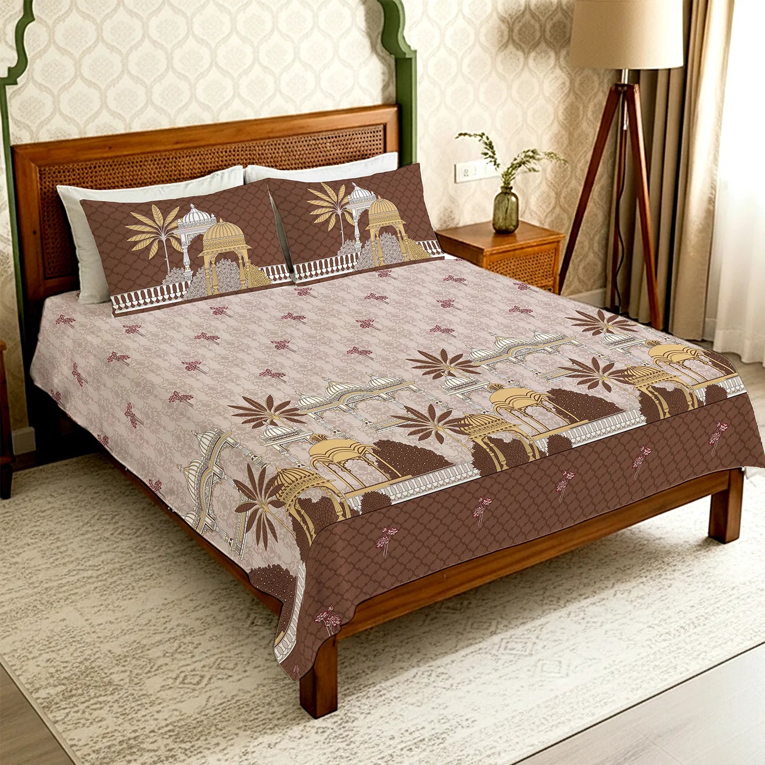 Serene 300 TC 100% Cotton Bedsheet with Pillow Covers, Panel Design - Aangan Brown
