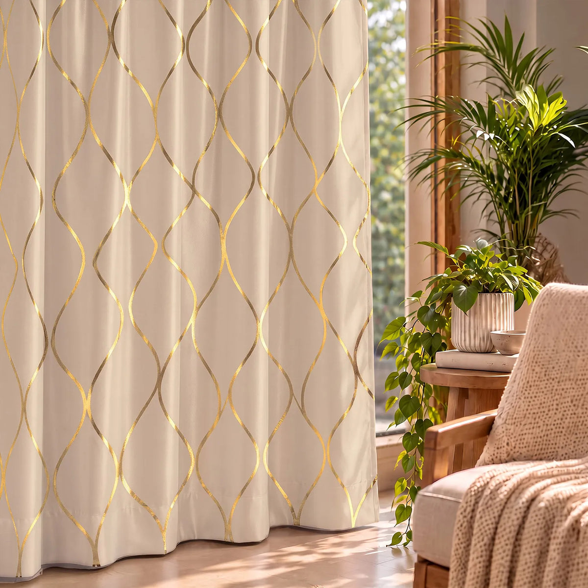 Gold Foil Printed 80-85% Blackout Curtains - Pack of 1 Curtain - Wave - Beige