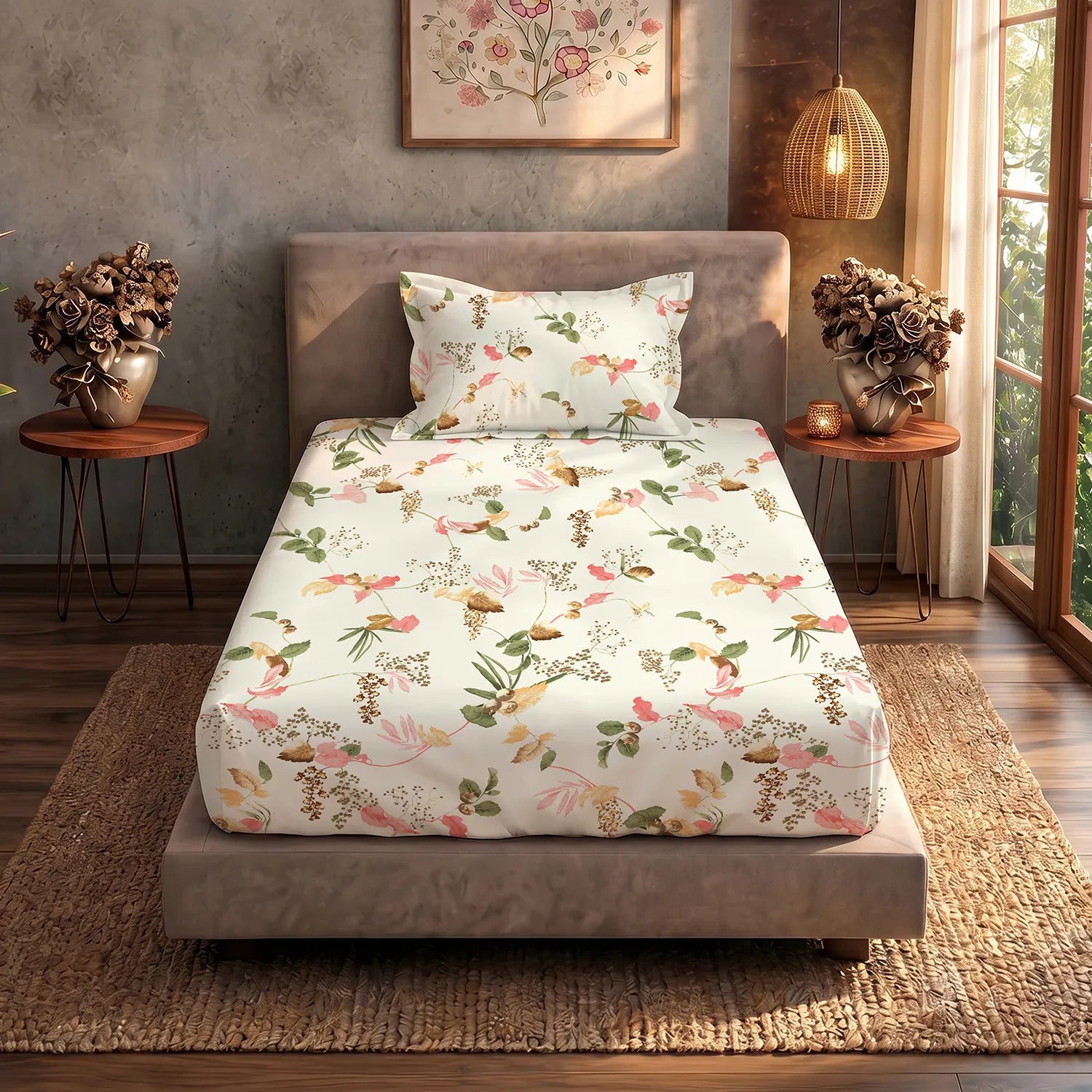 Regal Collection - Breathable 200 TC 100% Pure Cotton Single Bedsheet with Pillow Cover, Cherry Blossom- Peach