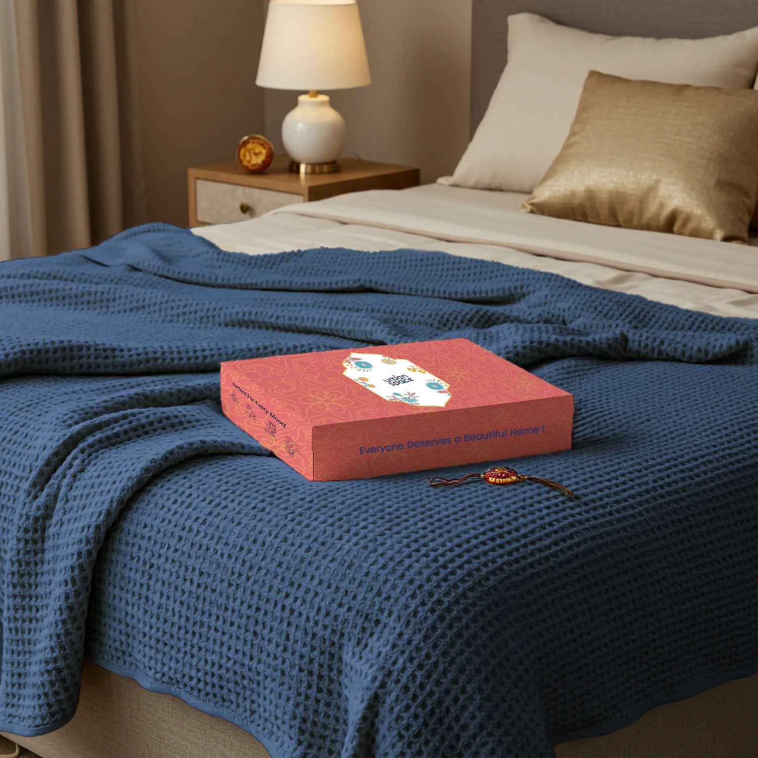 All-Season Cotton Waffle Blanket in Gift Box, Navy Blue