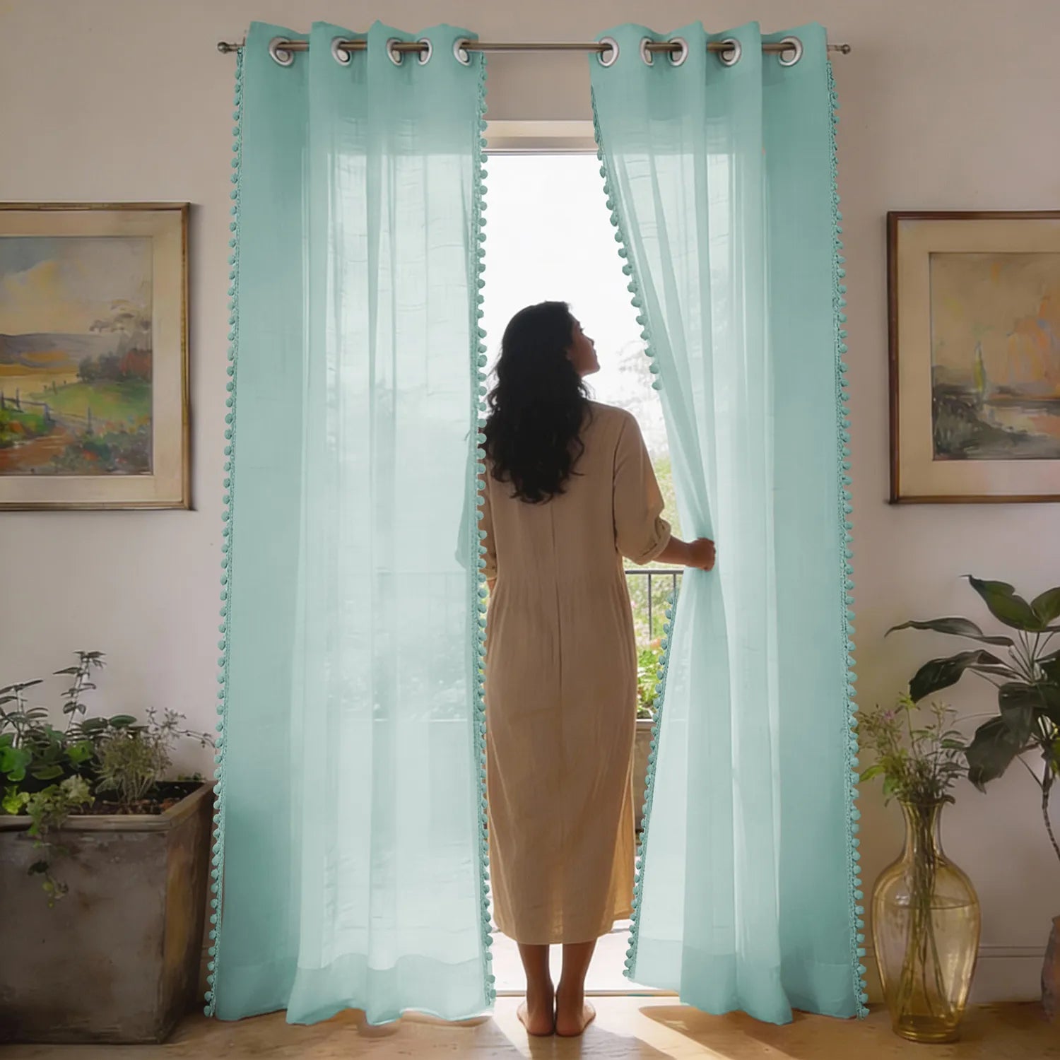 Sheer Curtain for Living Room with linen texture, Net Curtain for balcony, Pack of 2 Curtains - Aqua Blue with pom pom