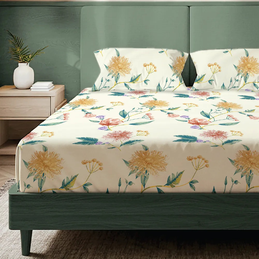 200 TC Glaced Cotton Microfiber Bedsheet with Pillow Covers - Petal Pop