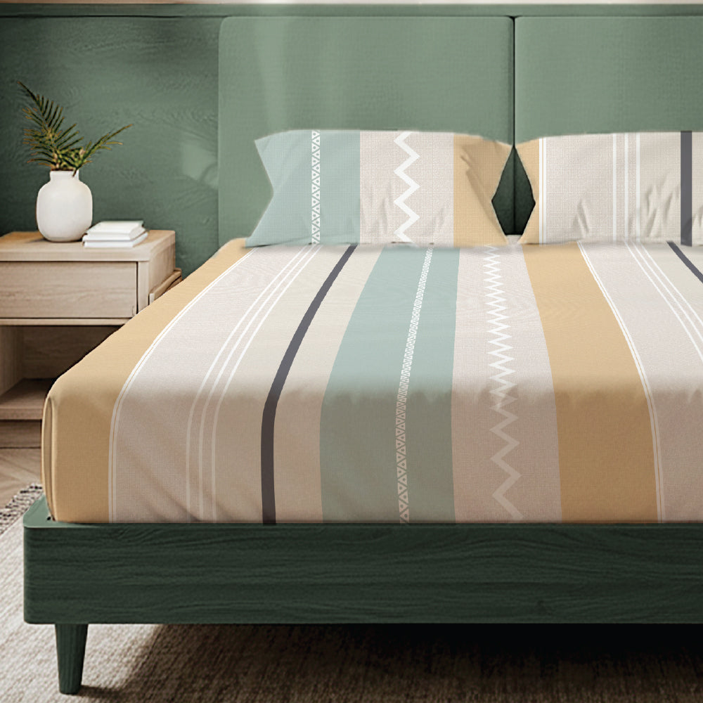 200 TC Glaced Cotton Microfiber Bedsheet with Pillow Covers - River Bands
