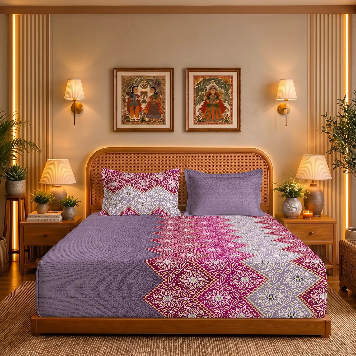 Serene 200 TC 100% Cotton Bedsheet with Pillow Covers - Lehriya Dusty Purple